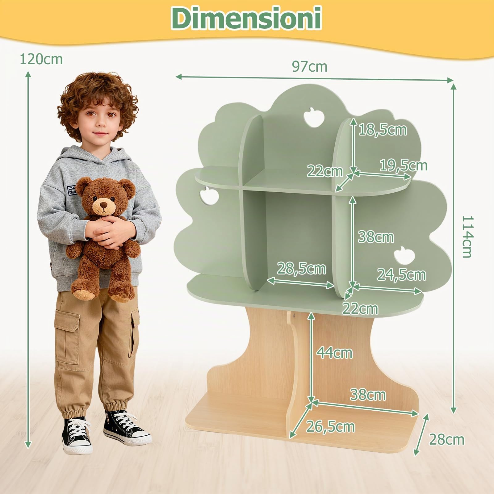COSTWAY Libreria per Bambini a Forma di Albero, Scaffale per Giocattoli con 8 Scomparti Aperti e 2 Kit Antiribaltamento, Contenitore Salvaspazio per Salotto, Asilo Nido, Studio, 97 x 28 x 114 cm