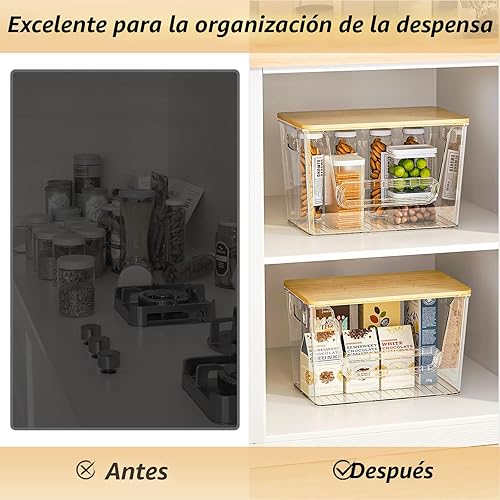 Miniatura 7 de Delamu Juego de 2 organizadores y almacenamiento de despensa, dispensador de bolsas de basura con parte superior de bambú, organizador apilable