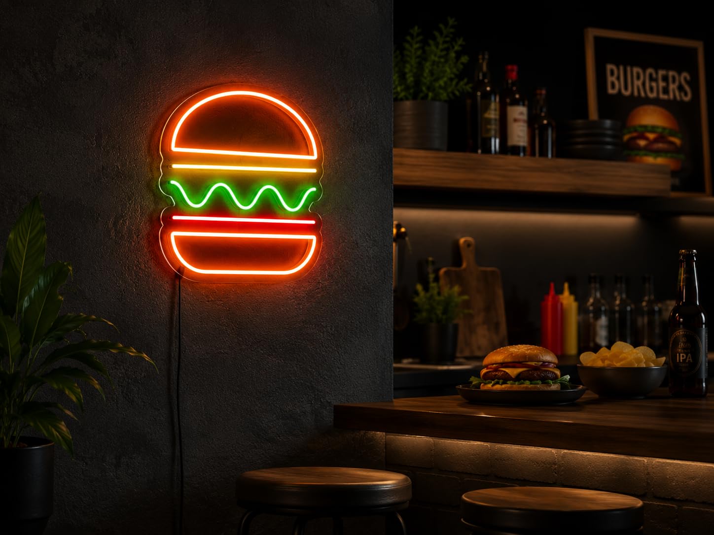 Carteles Luz de Neon Señales Iluminación Ambiente Interior Bebidas Cerveza Vaso de Café Taza de Té para Decoración Bar Restaurante Club Nocturno Ambiente (Personalizable Hamburguesa Simple, 55 CM)