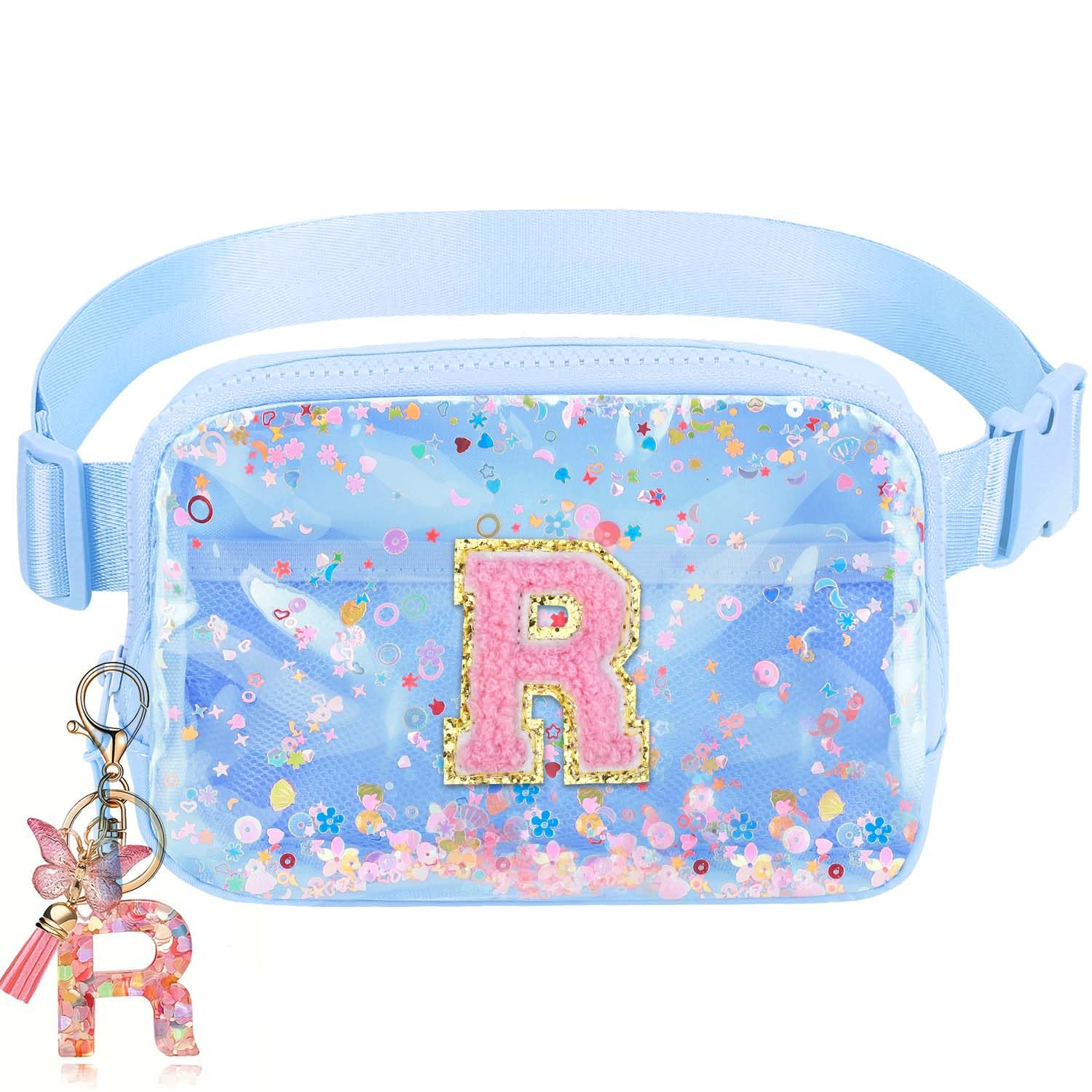 Initial Fanny Pack for Girls - Belt Bag for Teens Kid Teen Girl Kid Birthday Gift Blue Clear R