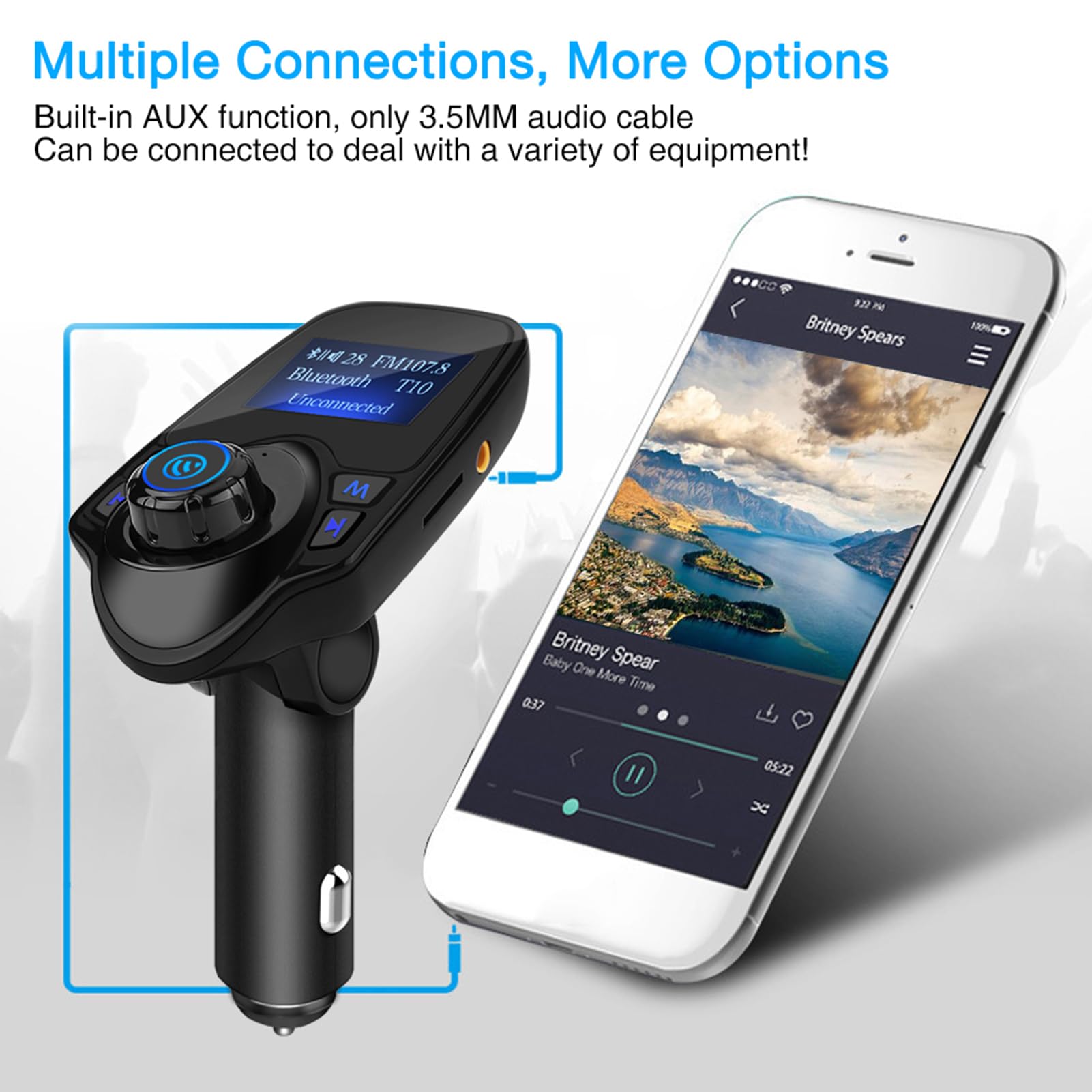 T11 Trasmettitore FM Bluetooth Auto Wireless Kit Vivavoce MP3 Player con Ricarica USB 5V 2.1A AUX In Out per Chiamate Musica Guida Quotidiana