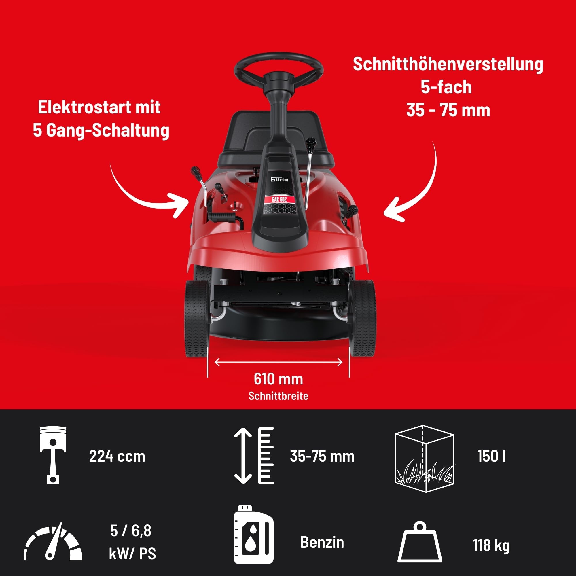 Güde GAR 602 M Aufsitzrasenmäher - 4-Takt Motor, 224 Kubikzentimeter Hubraum, 5 Kilowatt, 6,8 PS, 61 Zentimeter Schnittbreite, 5-fache Schnitthöhenverstellung, 5-Gang Schaltung, 4,6 km/h, E-Start