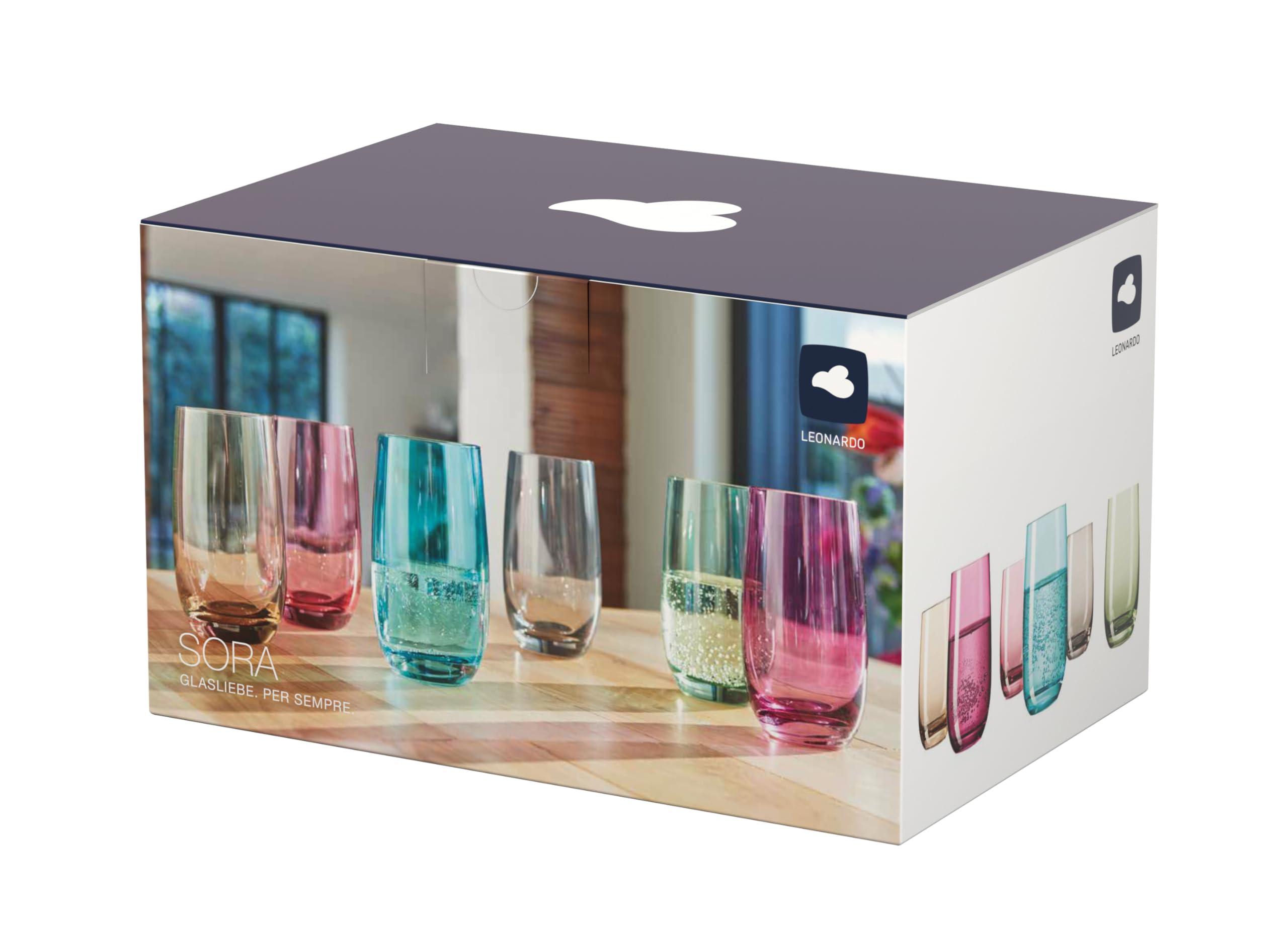 Leonardo Sora Lot de 6 Grands Verres à Eau lavables au Lave-Vaisselle Plusieurs Couleurs, Verre, Bunt 2, Grand modèle