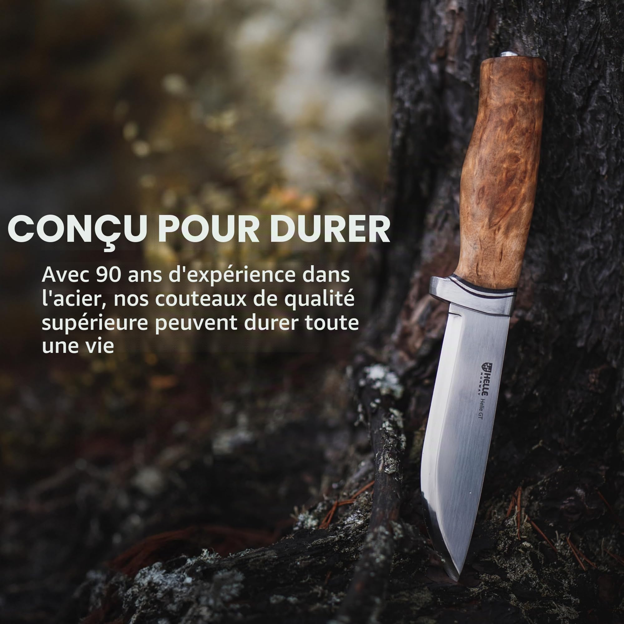 Couteau HELLE GT, lame 4,84 pouces, manche en bouleau madré