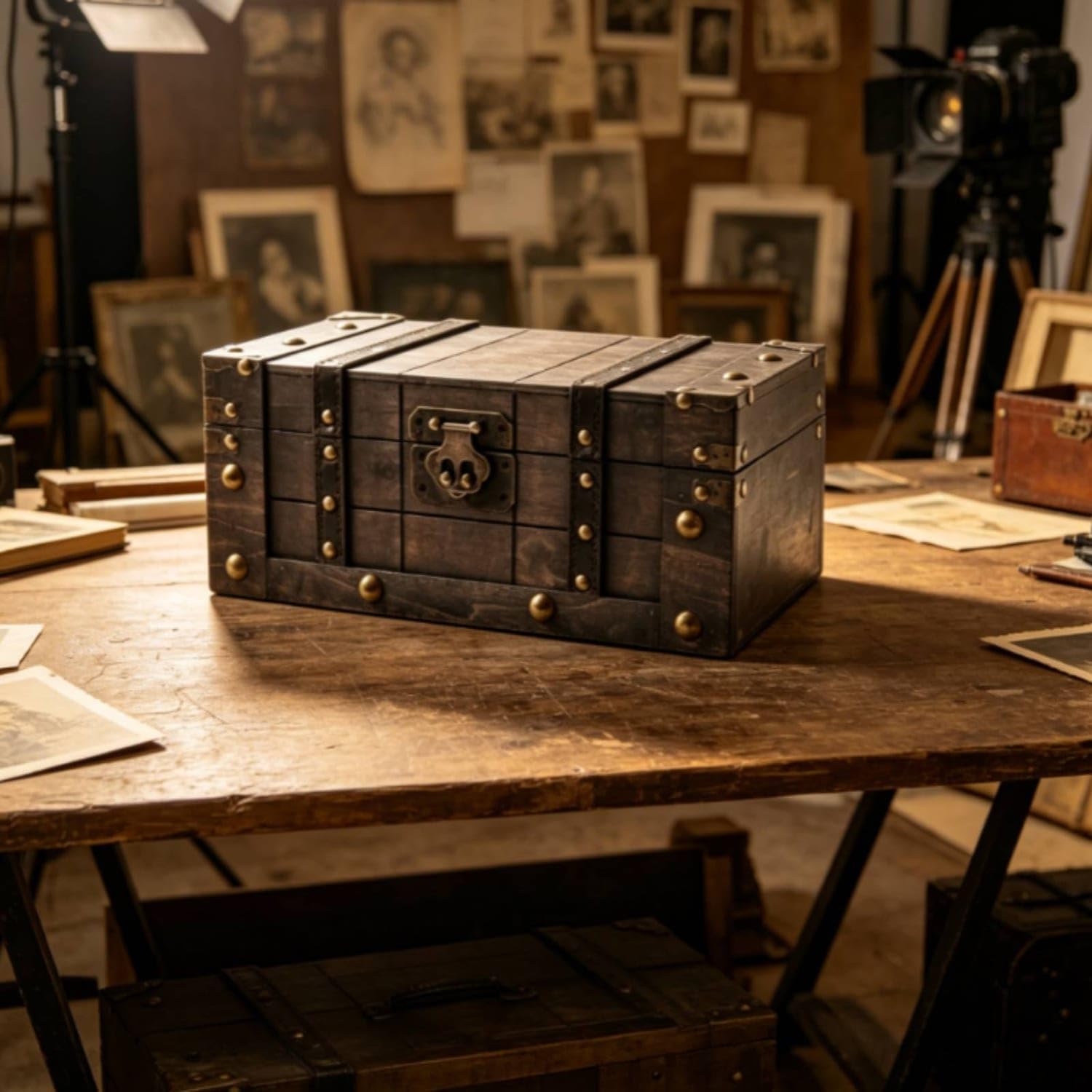 Rustic Storage Chest with Hinged Top Vintage Storage Chest Antique-Style Wooden Trunk Decorative for Living Room, Entryway, Photo Studio, Retro Gray, L|Trunks & Chests|Home & Garden-image-48