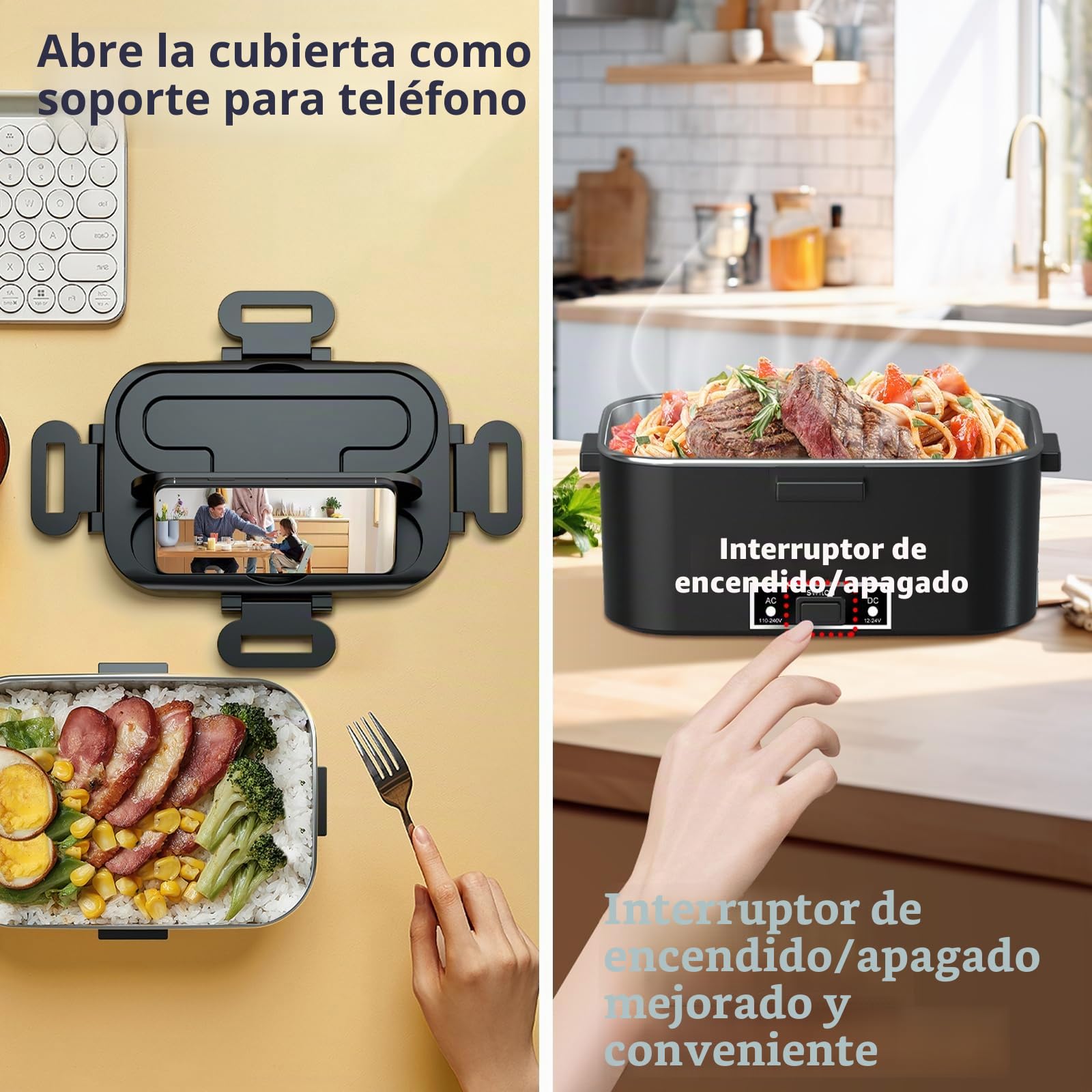 Fiambrera eléctrica de 100W, fiambrera portátil con calefacción 3 en 1, fiambrera extraíble de acero inoxidable, caja térmica aislada de 12V/24V/220V para coche/camión/oficina, con bolsa aislada