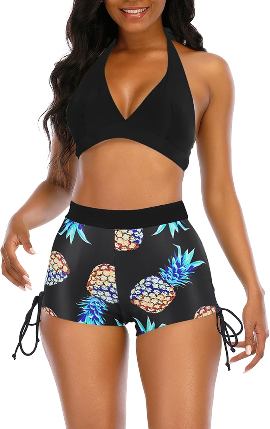 Womens High Waisted Swimsuits with Boy Shorts Brazilian Triangle Top Stripes Halter Bikini Two Piece Bathing Suits Black Pineapple X-Large