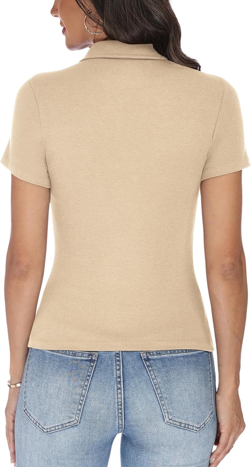 Women's Short Sleeve Polo Shirts Business Casual Tops Collared V Neck Shirts Ribbed Knit Slim Fit Blouse Summer Outfit - Image 4