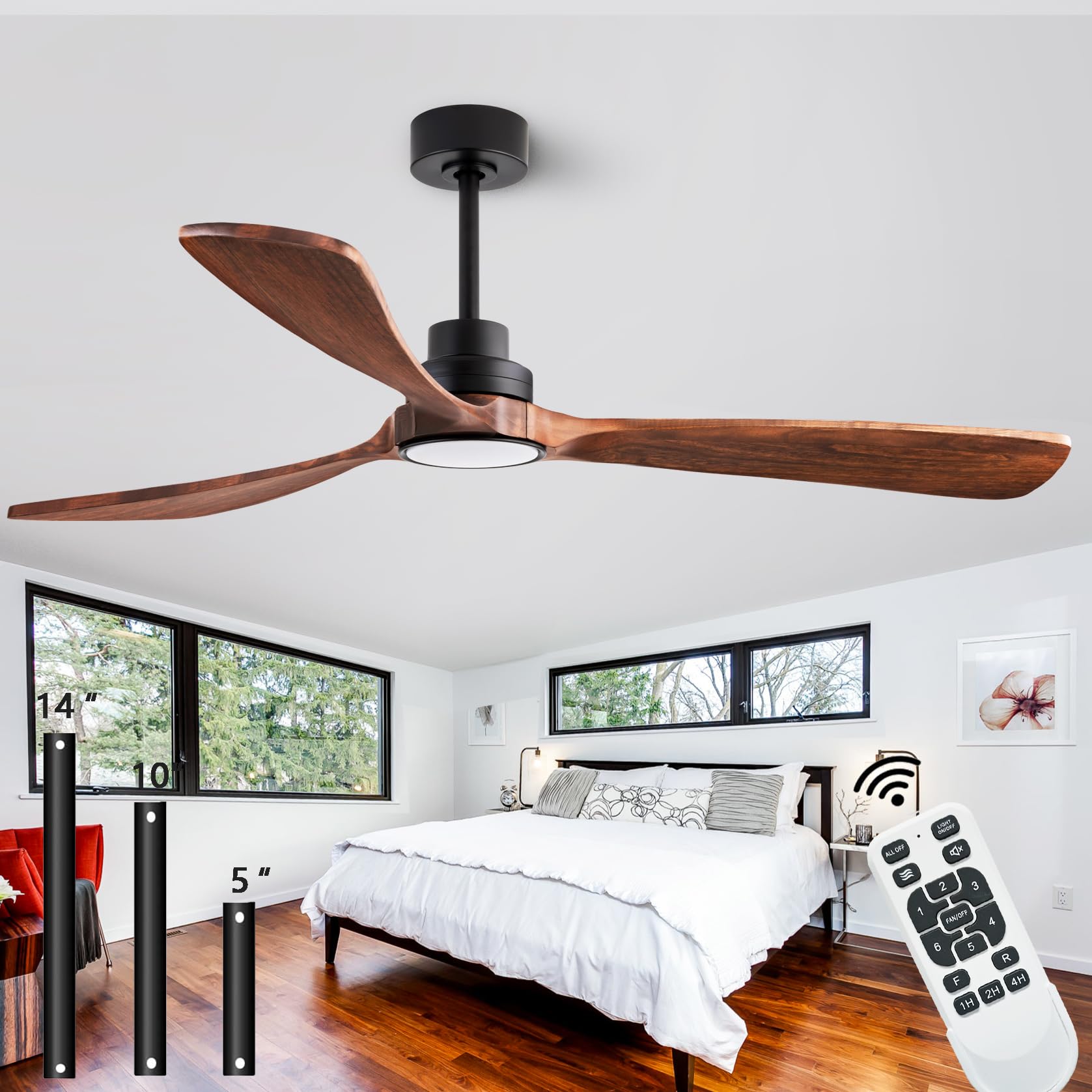 60" Ceiling Fans with Lights with Remote Control, Indoor Outdoor Wooden Ceiling Fan with 3 Wooden Blades for Patio, Living Room, Office, Farmhouse, etc. (Black + Walnut)…