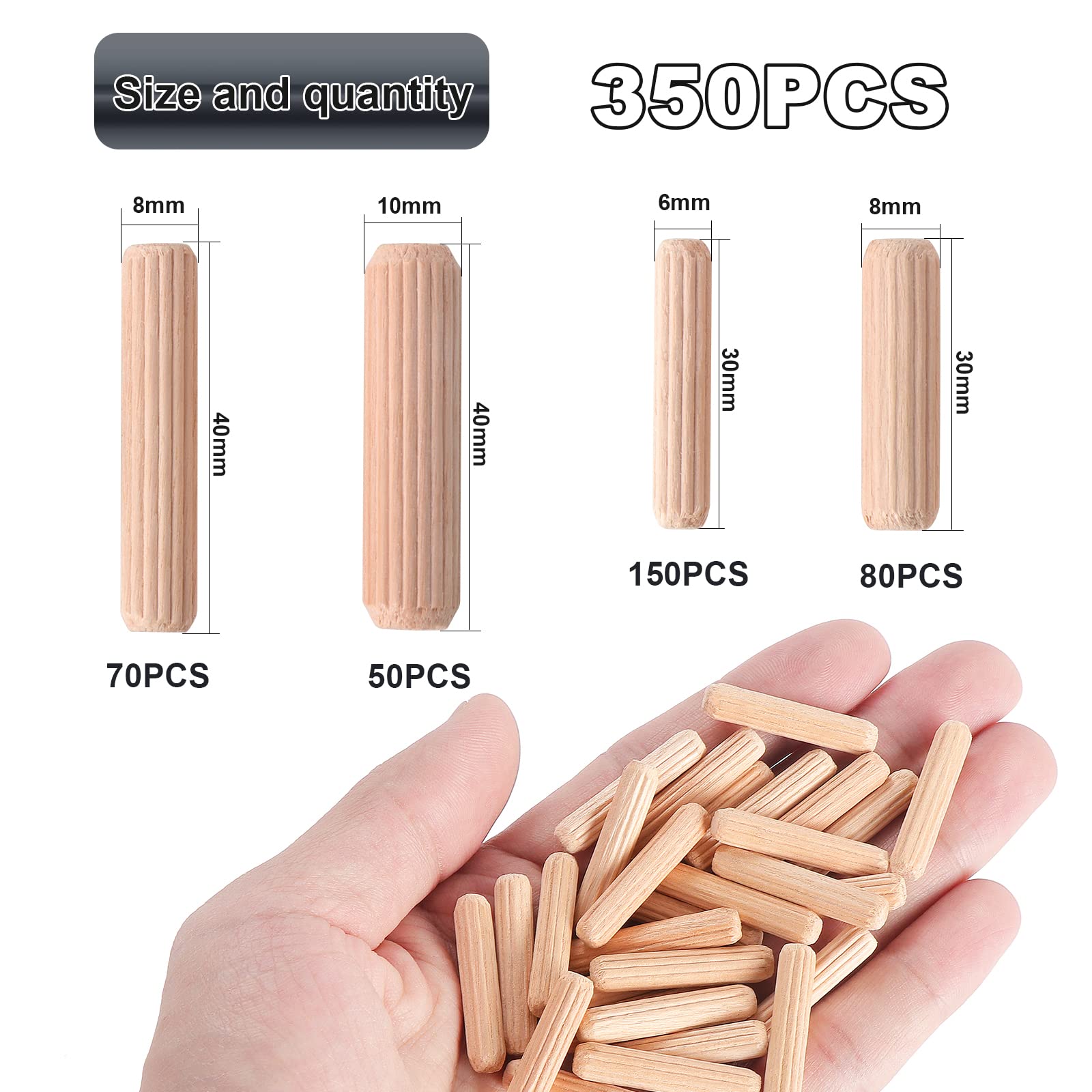 500 Pezzi Tasselli In Legno Scanalati - Perni Per Mobili Fai Da Te 6mm 8mm 10mm - Foto 2