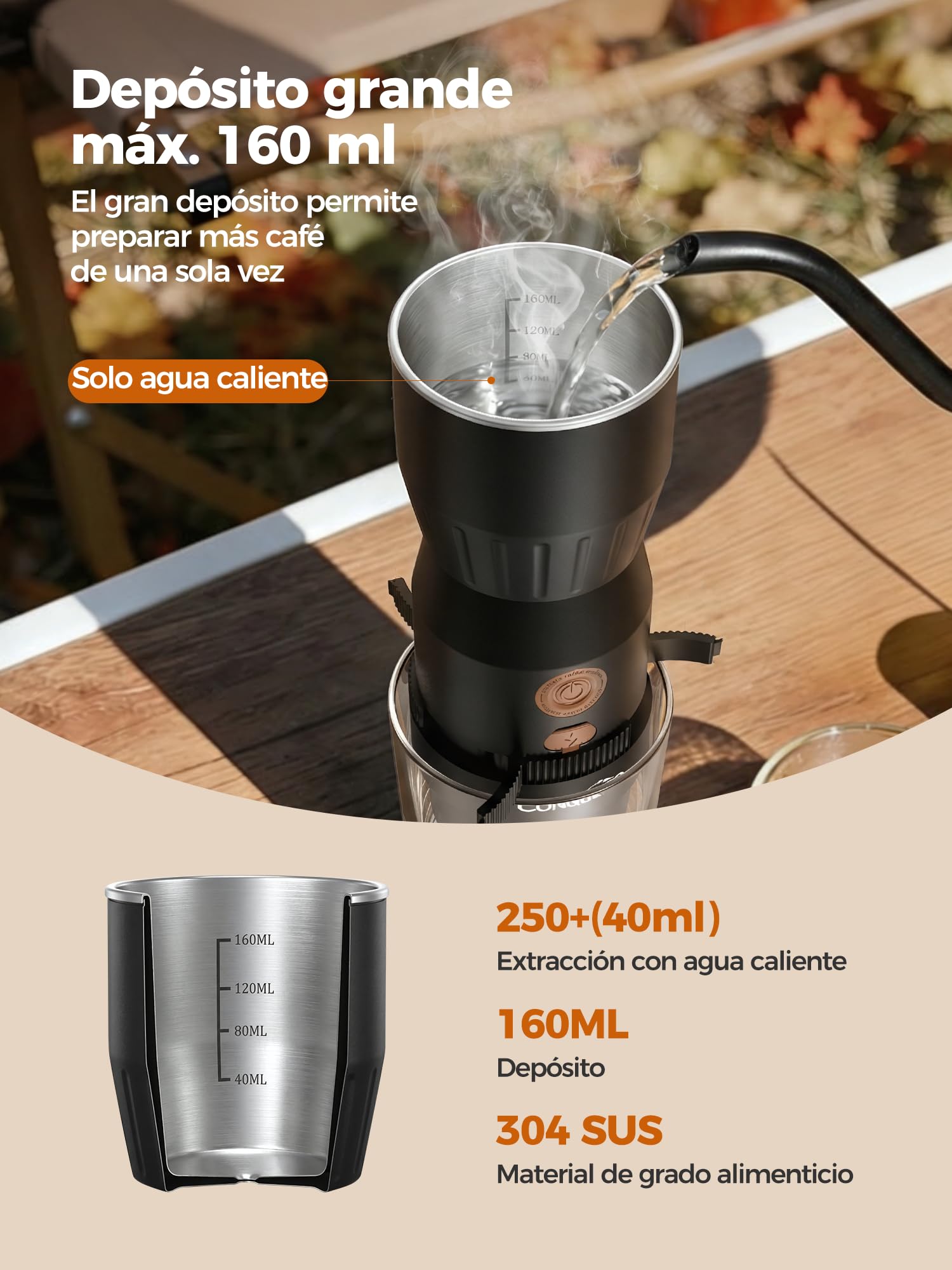 CONQUECO Cafetera Espresso Portátil 20 Bar – REQUIERE AGUA CALIENTE (No Calienta), Máquina 2 en1 para Cápsulas NS y Café Molido, Ligera 455g, USB-C, 250 Tazas por Carga – Para Viajes, Playa, Montaña