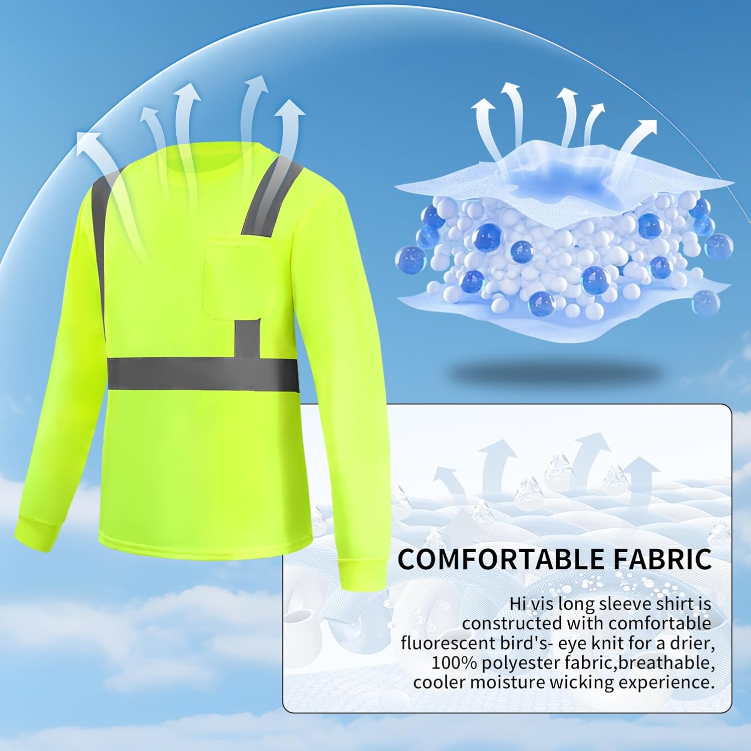 Hi Vis Long Sleeve Reflective T Shirts Safety Work Shirts Black Bottom Fast Dry for Men 12PCS - Image 3