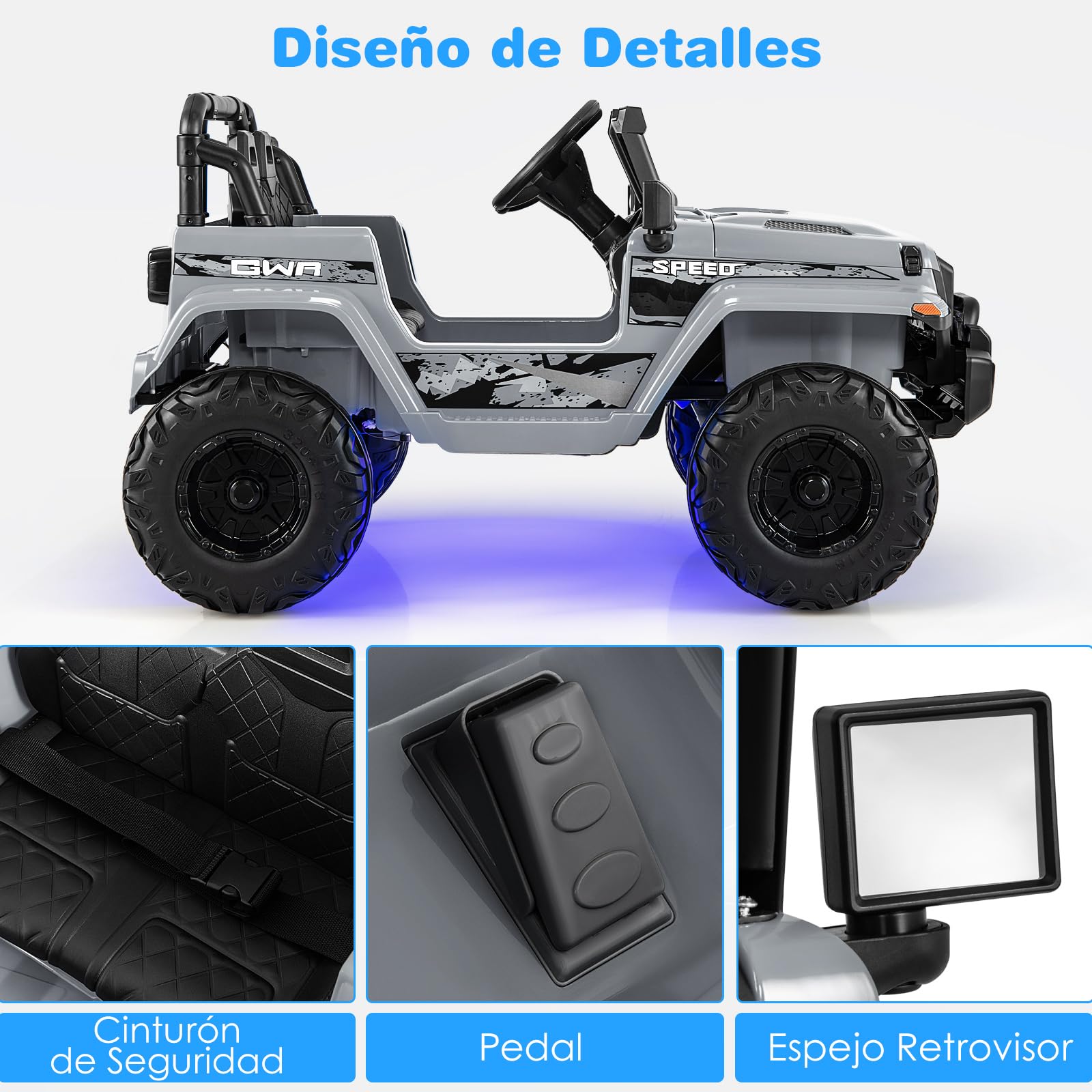 COSTWAY Coche Eléctrico para Niños 12V, Vehículo Todoterreno con Velocidad Ajustable, Vehículo Eléctrico de Juguete de 2 Plazas con Control Remoto 2,4G, Música, Puerto USB, Bluetooth, Luces (Gris)