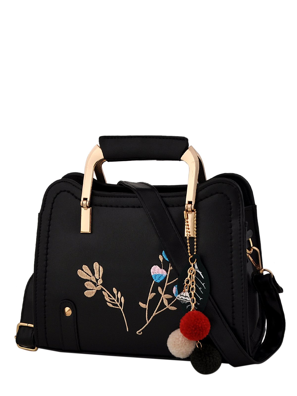 MARK & KEITHand Floral Embroidery Handbag with Golden Grace Handle and Pom Pom_Black