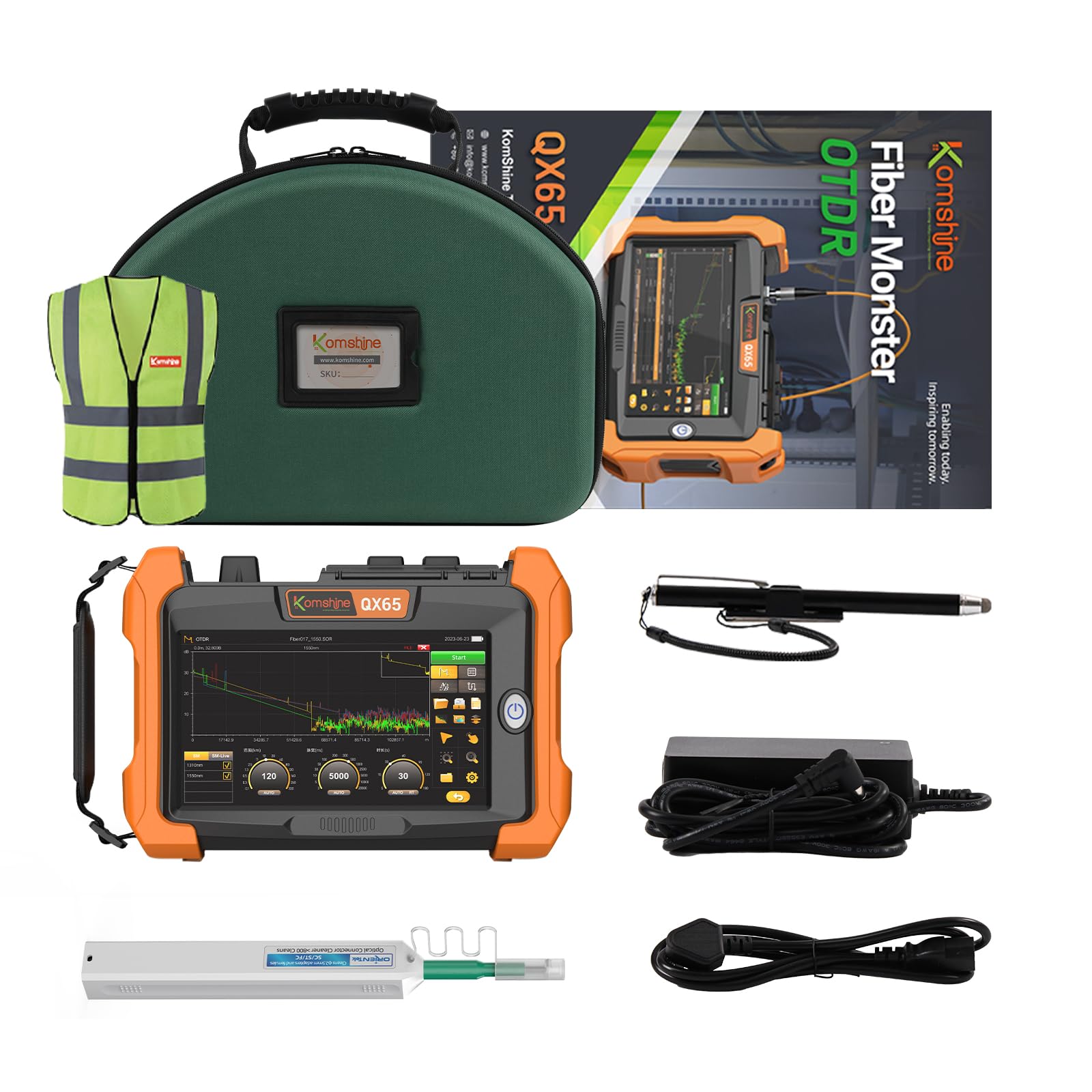 Live PON 1625nm KOMSHINE OTDR QX65 Up to 140KM 38 36 34dB w/iOLA One Click Intelligent Testing Function + 1: 64 Fiber Splitter + OPM OLS V-F-L + Event Map+ RJ45+ Re-Mote Control Trunk Line CAT5 CAT6