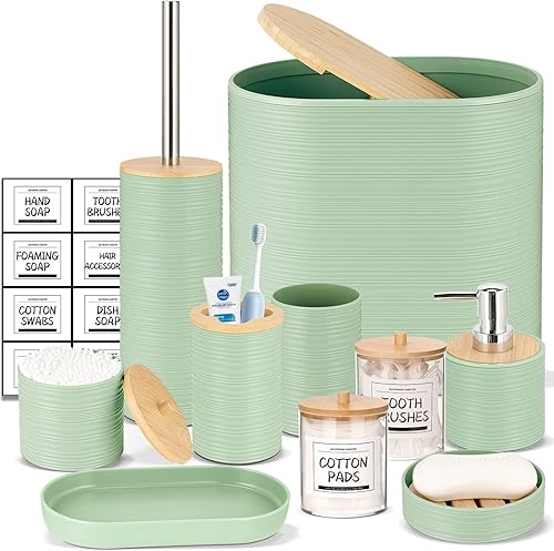 Miniatura 21 de IMAVO Juego de accesorios de baño - Juego de 11 piezas de accesorios de baño beige con cubo de basura, dispensador de jabón, jabonera, soporte para