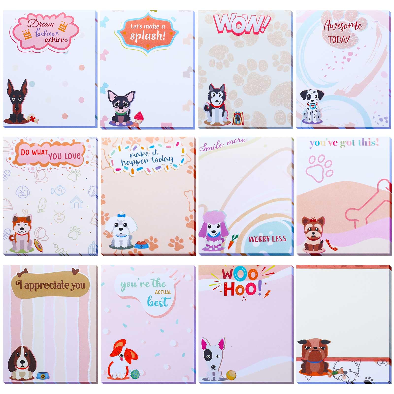 12 Pack Cute Appreciation Sticky Note Dog Inspirational Notepads 4 x 3 Inch to Do List Funny Dog Desk Self Stick Note Pads for Students Teacher School