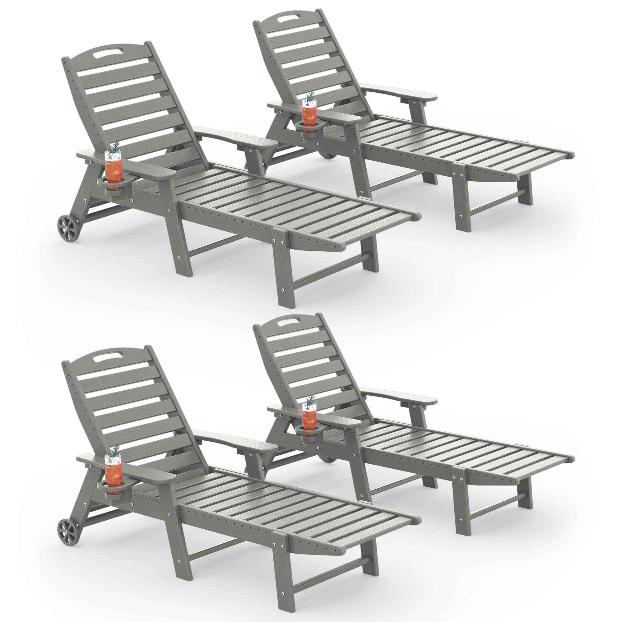 Chaise Lounge Outdoor Set of 4, Lounge Chair Outdoor with Wood Texture, Adjustable 5-Position Backrest, HDPE Lounge Chair with Wheels &amp; Cup Holder for Pool Deck Backyard, Light Grey