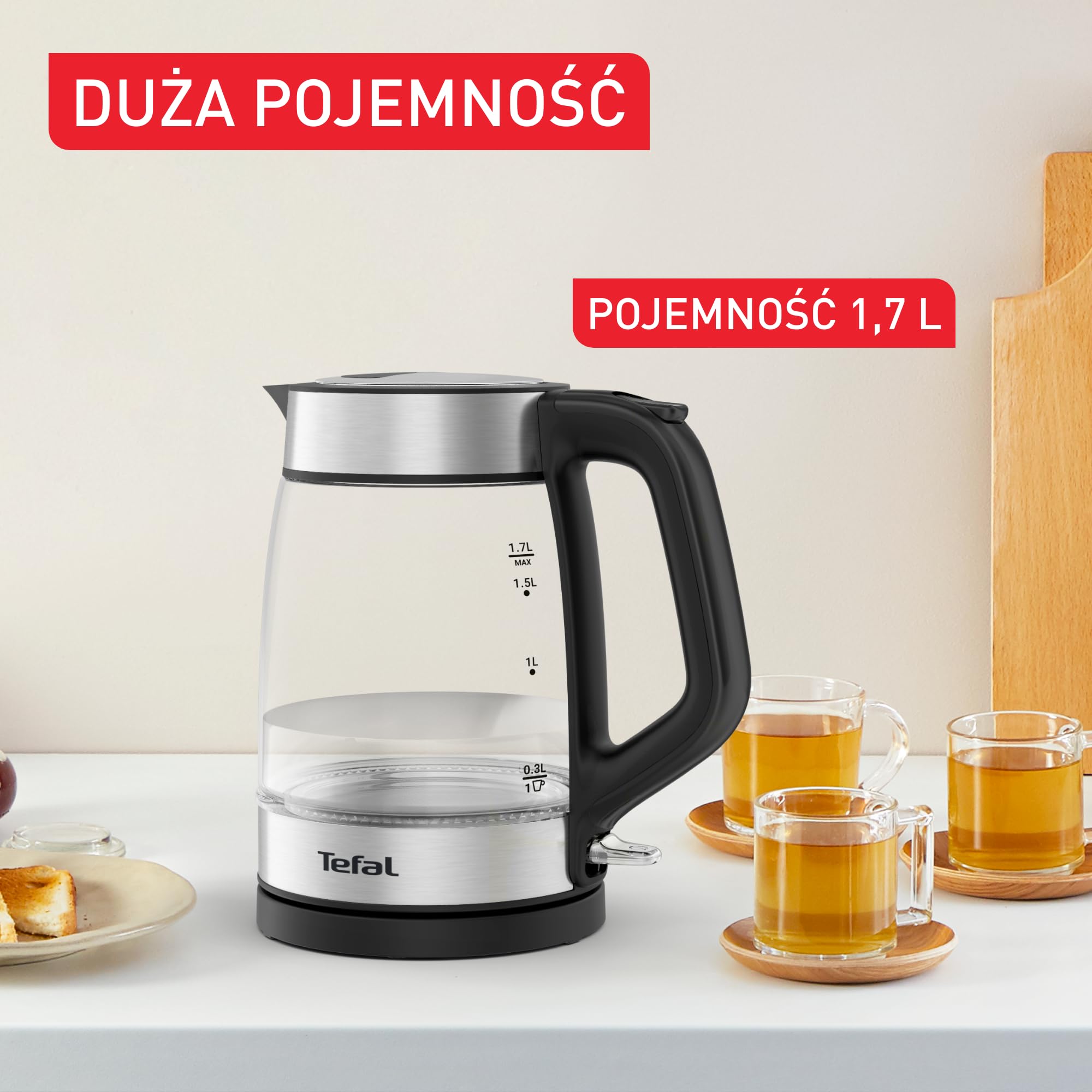 Tefal Ki6058 - Bollitore elettrico in vetro, 1,7 litri, facile da pulire, colore: nero