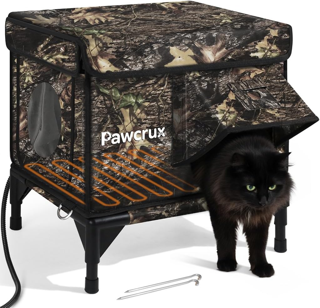 Heated Cat House for Outdoor Cats, Waterproof Insulated Outdoor Cat House with Heating Pad, Weatherproof Elevated Heated Cats House for Outside Feral Cats(Leaf, 16.5" L x 12" W x 18" H)