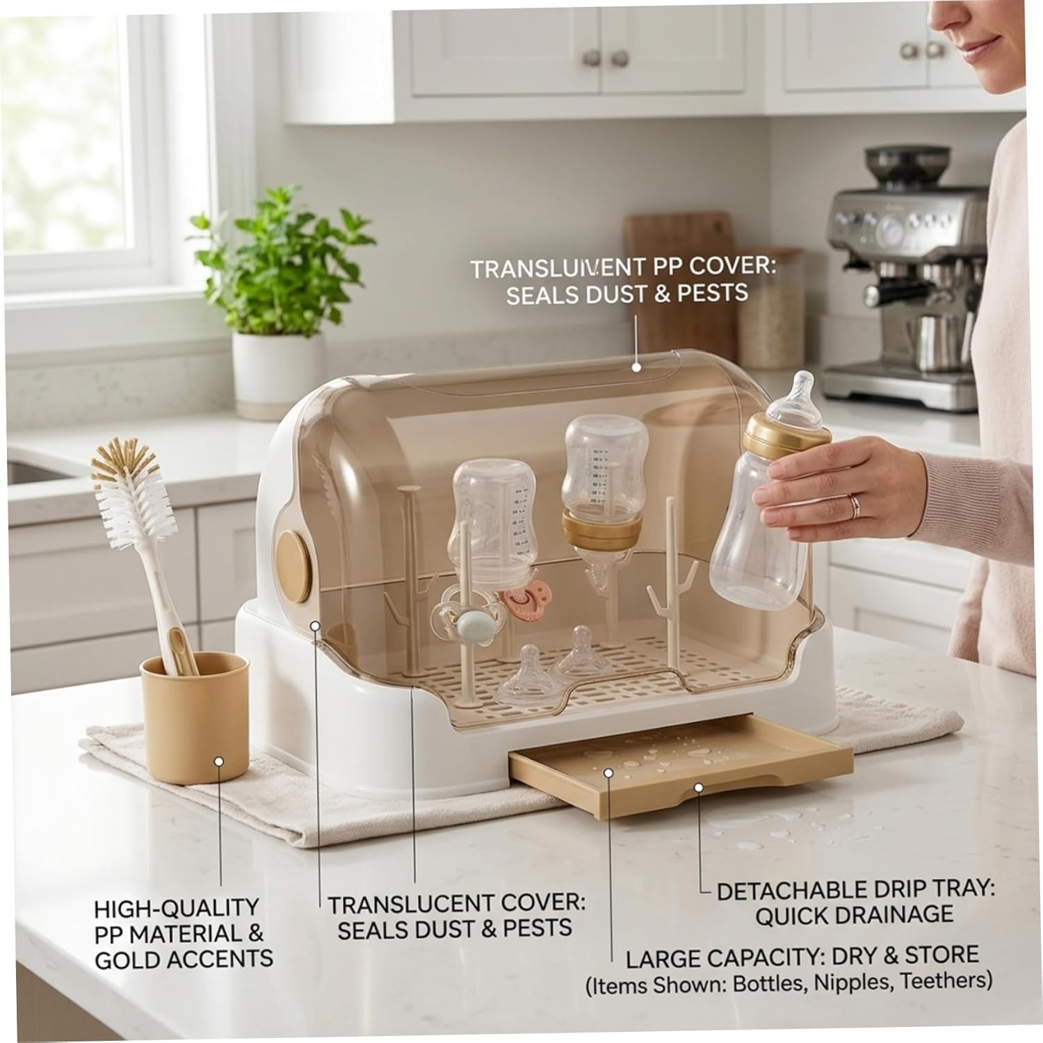 Baby Bottle Organizer for Countertop Large Capacity Baby Bottle Storage with Removable Drying Tray for Nursery, Kitchen Brown