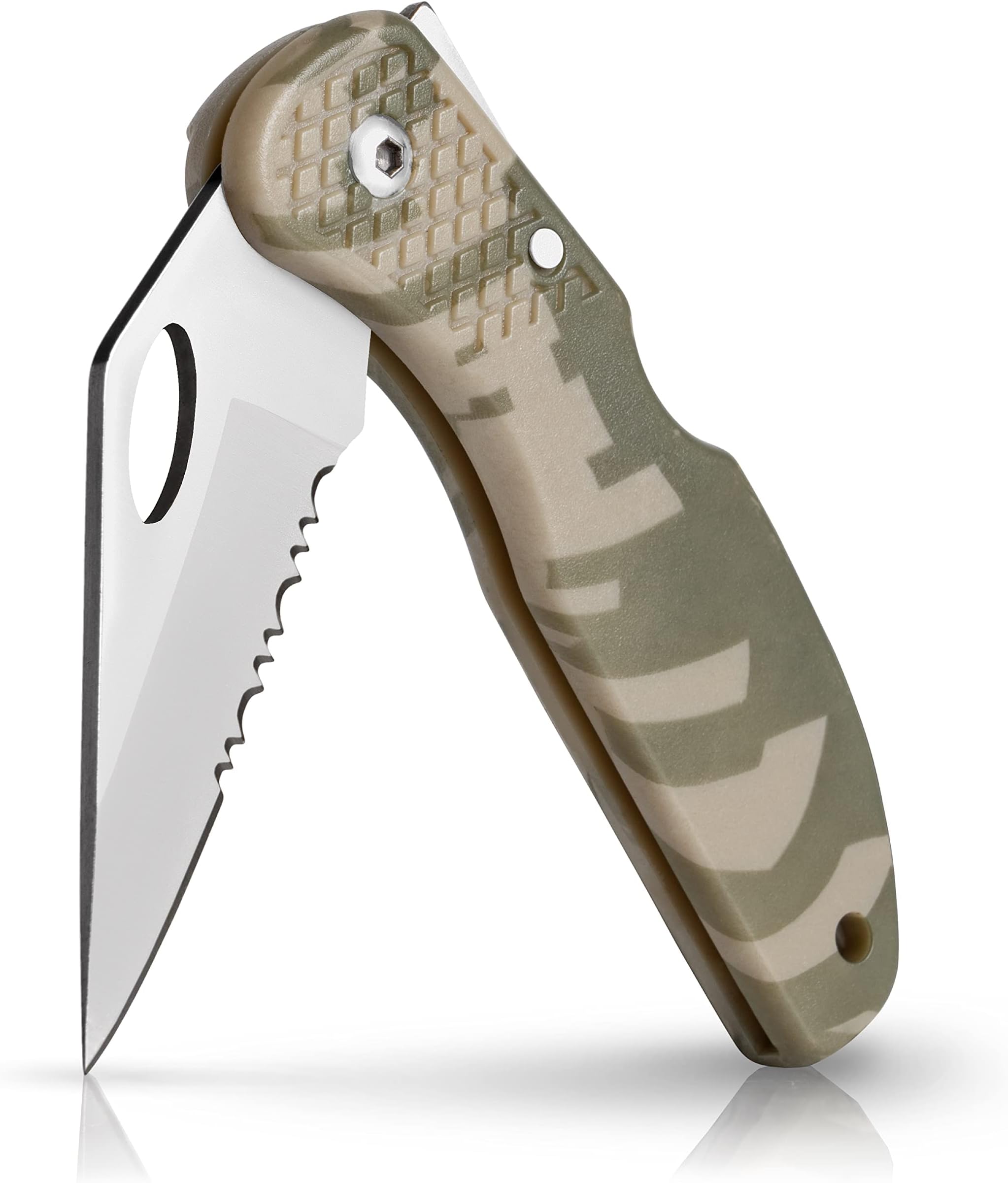 Lockback 7 (Open) Inch Pocket Knife - Stainless Steel Helf Serrated Blade, Textured No-Slip Handle, Carry Clip, Camo