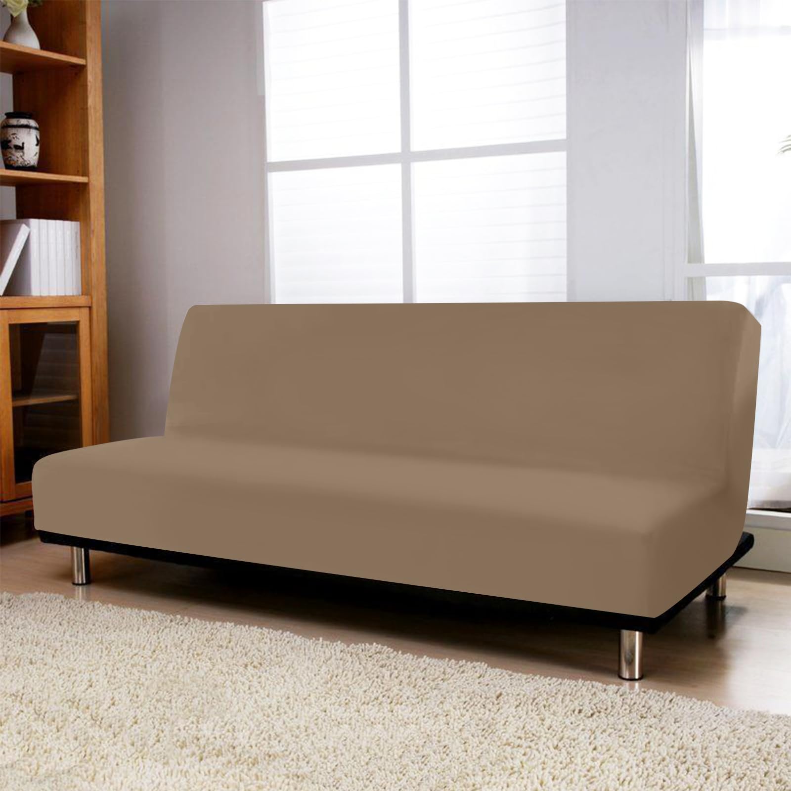 FIGOOO Copridivano senza Braccioli 3 Posti Elasticizzato Copridivano Letto Pieghevole Universale Spandex Fodera per Futon a Tinta Unita Coperture Divano Clic Clac per Soggiorno Casa,Marrone Rossastro