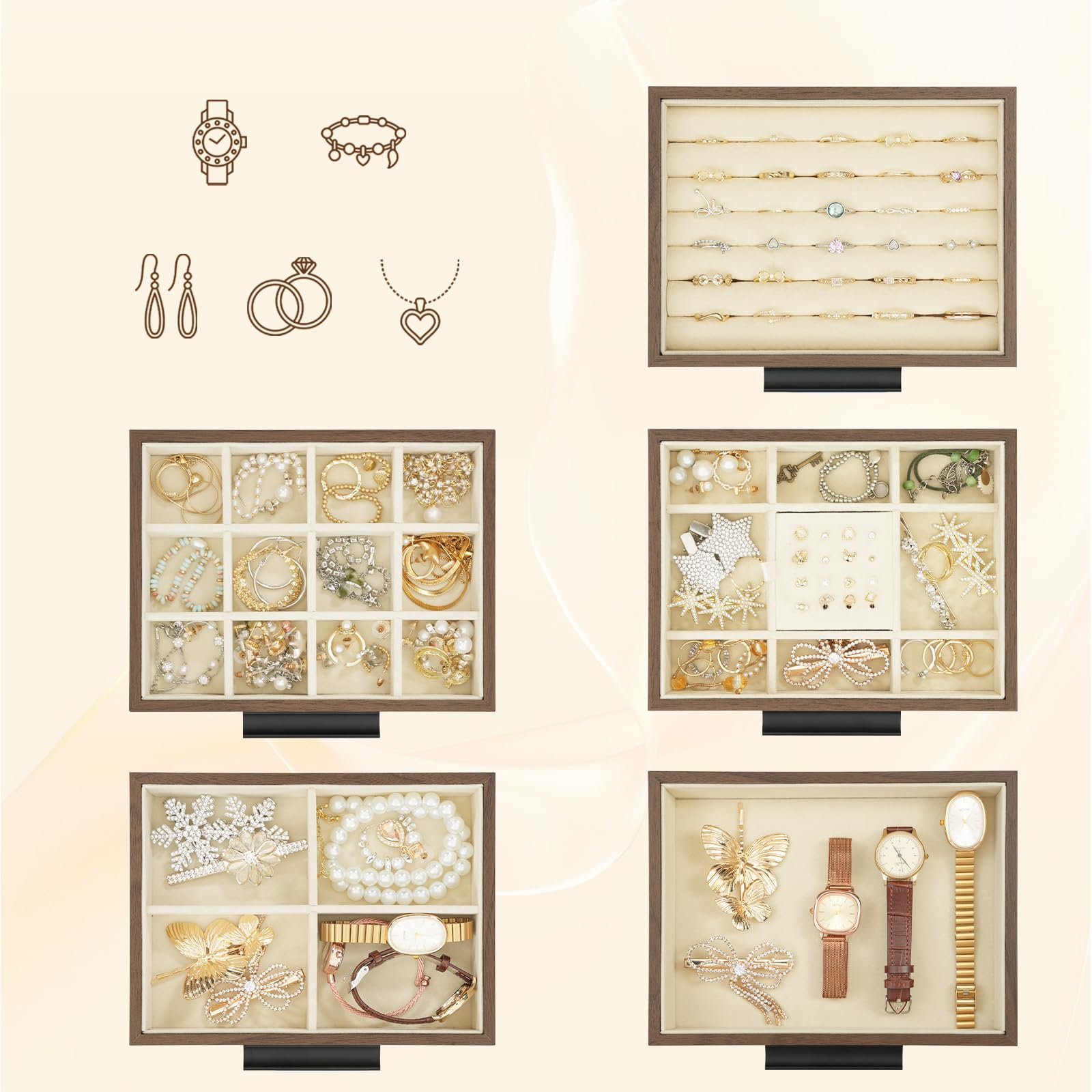 HOOBRO Caja para Guardar Joyas con 5 Niveles, Joyero de Madera con Ventanilla Transparente y 2 Cajones Verticales, Cofre para Joyas, Pendientes, Collares, Anillos, Relojes, Nogal y Negro EBH19JB04