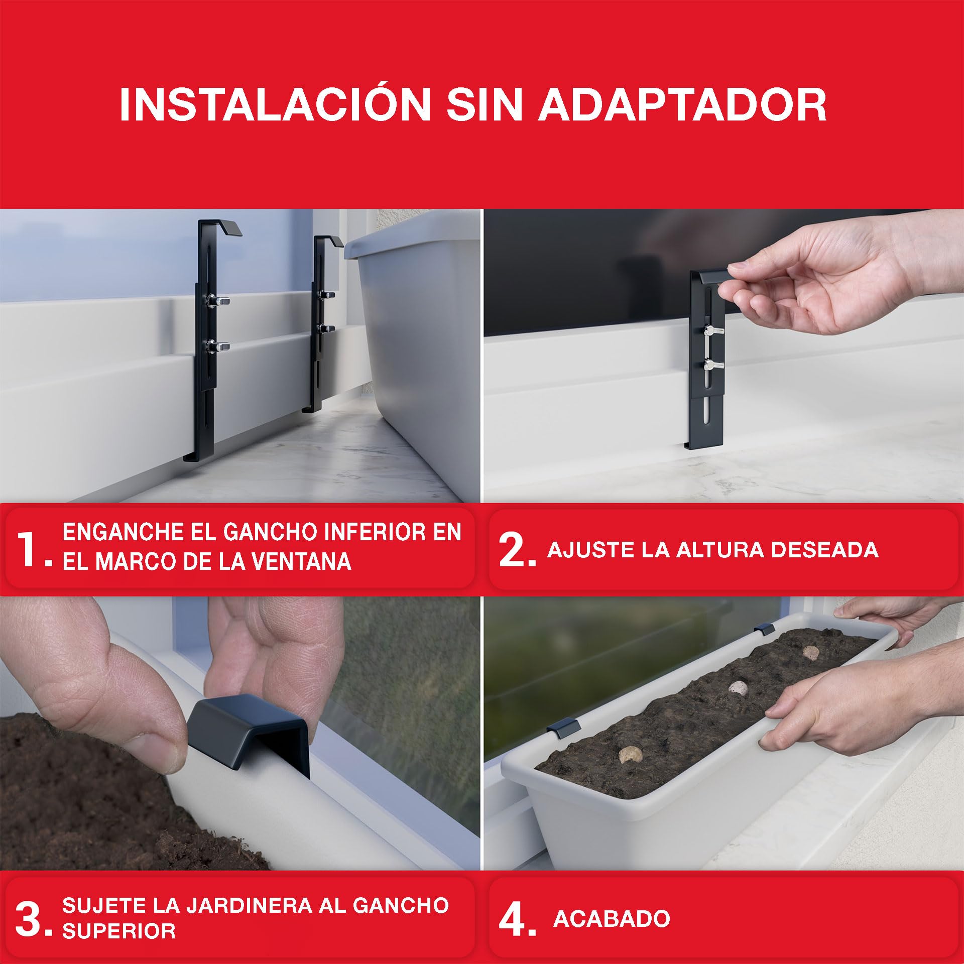 LouMaxx Juego de 4 soportes para ventana sin taladrar para alféizar de ventana, color antracita, resistente, altura ajustable, incluye adaptadores y bombas de semillas