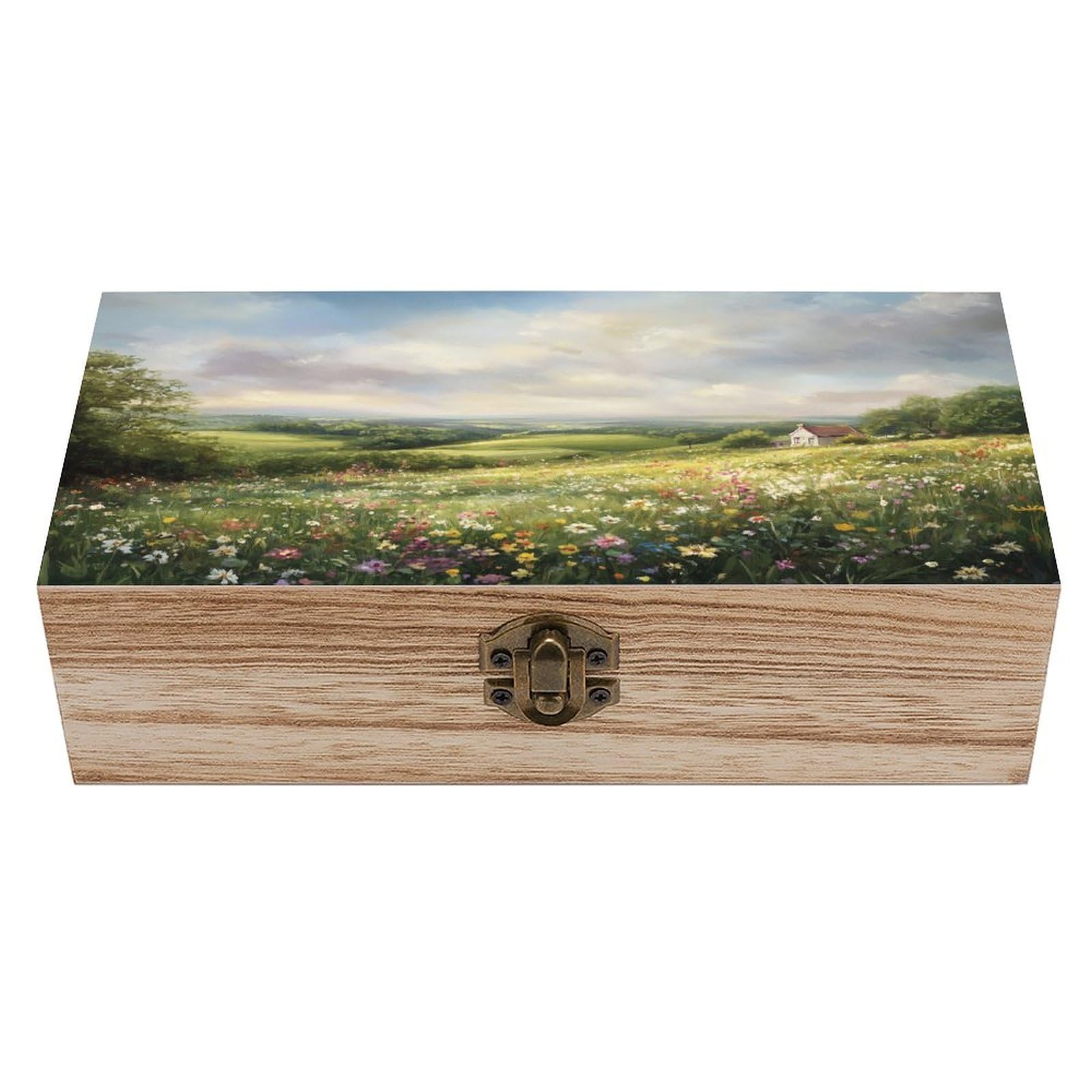 Ahdyr Spring Meadow Wildflowers Hills Vintage Cottage Wooden Storage Box with Hinged Lid And Front Clasp Large Keepsake Box