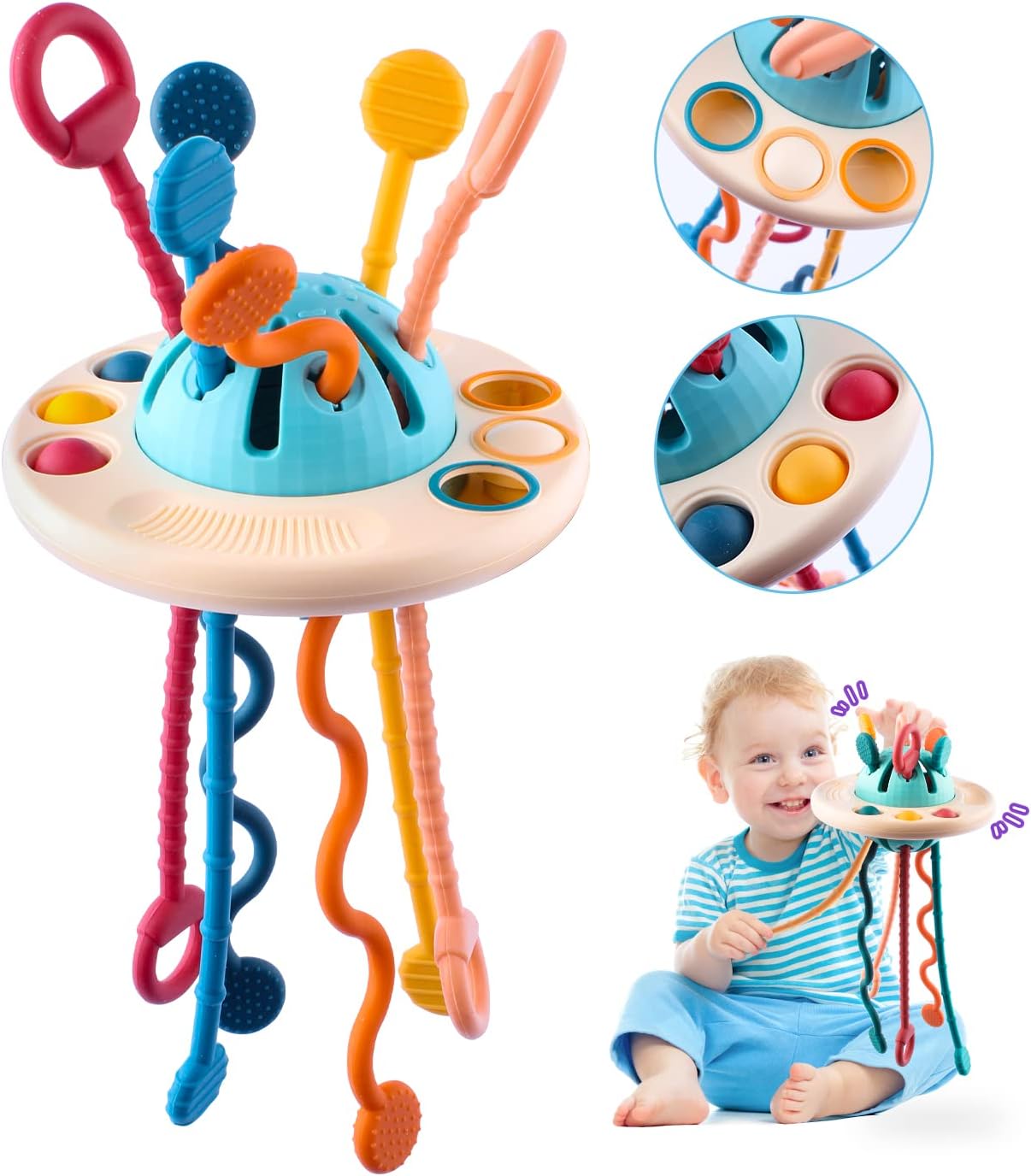 Baby Sensory Montessori Toys 12-18 Months Food Grade Silicone Pull String Teething Travel Toy for Toddler 1-3 Year Educational Development Fine Motor Skills Activity Toy Best Gift for 18M+ Boys Girls