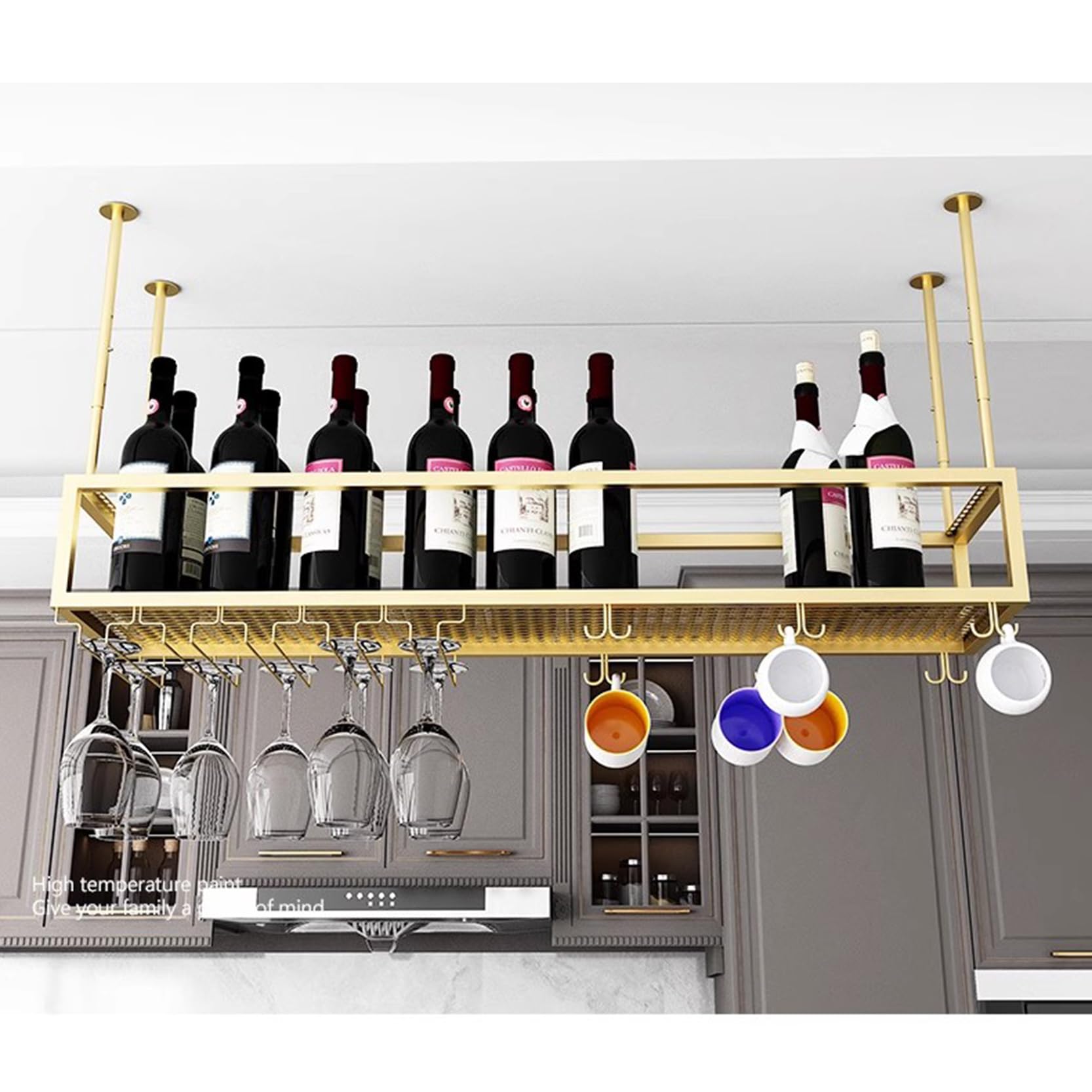 Casier à vin rond suspendu doré au plafond pour verres