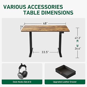 FEZIBO 48 x 24 Inch Standing Desk with Drawer, Sit Stand Computer Desk, Ergonomic Workstation, Home Office Stand Up Table with Storage &2 Hooks, Rustic Brown