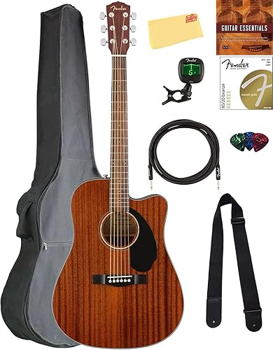 Fender CD-60SCE - Guitarra acústica y eléctrica de punta sólida, paquete de caoba con estuche, cable de instrumento, afinador, correa, cuerdas, púas