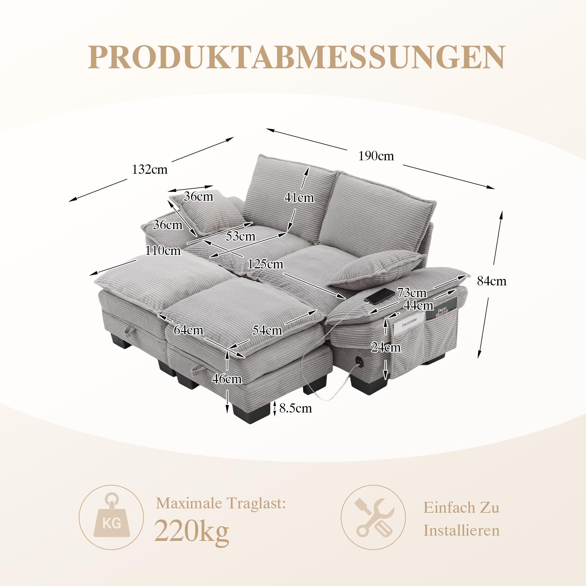 Modułowa sofa 2-osobowa z 2 taboretami, ergonomiczna szerokość siedziska z przyłączem C, sofa do salonu z bocznymi kieszeniami, do salonu, kolor jasnoszary