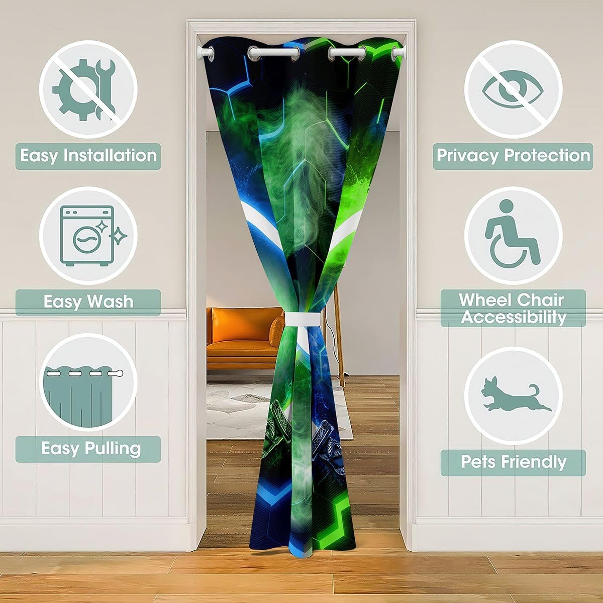 jejeloiu Blue Green Lightsaber Door Curtain for Doorway Privacy 34"x80" Kids Honeycomb Smoke Room Divider Curtain Cover Geometric Hexagon