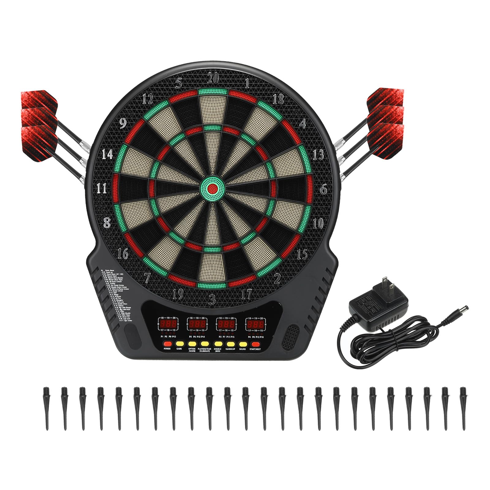 PATIKIL Cible de fléchettes électronique, jeu de fléchettes numérique à pointe souple avec écrans LCD, 27 jeux et 243 variantes avec 6 fléchettes, 24 pointes, support 16 joueurs