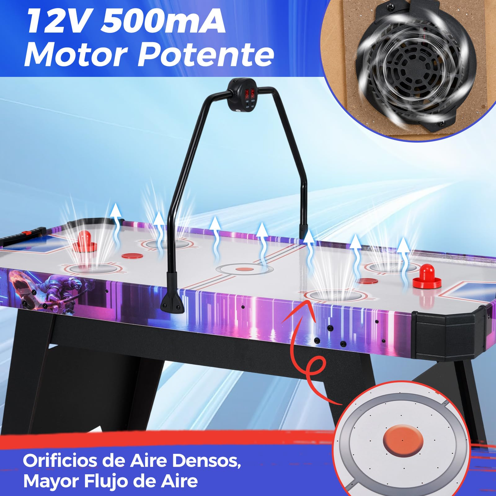 COSTWAY Mesa de Hockey de Aire, Air Hockey con Patas, Potente Motor 12V y Marcador Digital LED, 2 Empujadores y 2 Discos, para Adultos y Niños, 144 x 68 x 81 cm