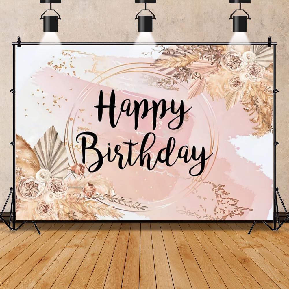 OFILA Boho Birthday Backdrop for Women 8x6ft Bohemian Happy Birthday Photography Backdrop Pink Floral Pampas Grass Background Girls Women Birthday