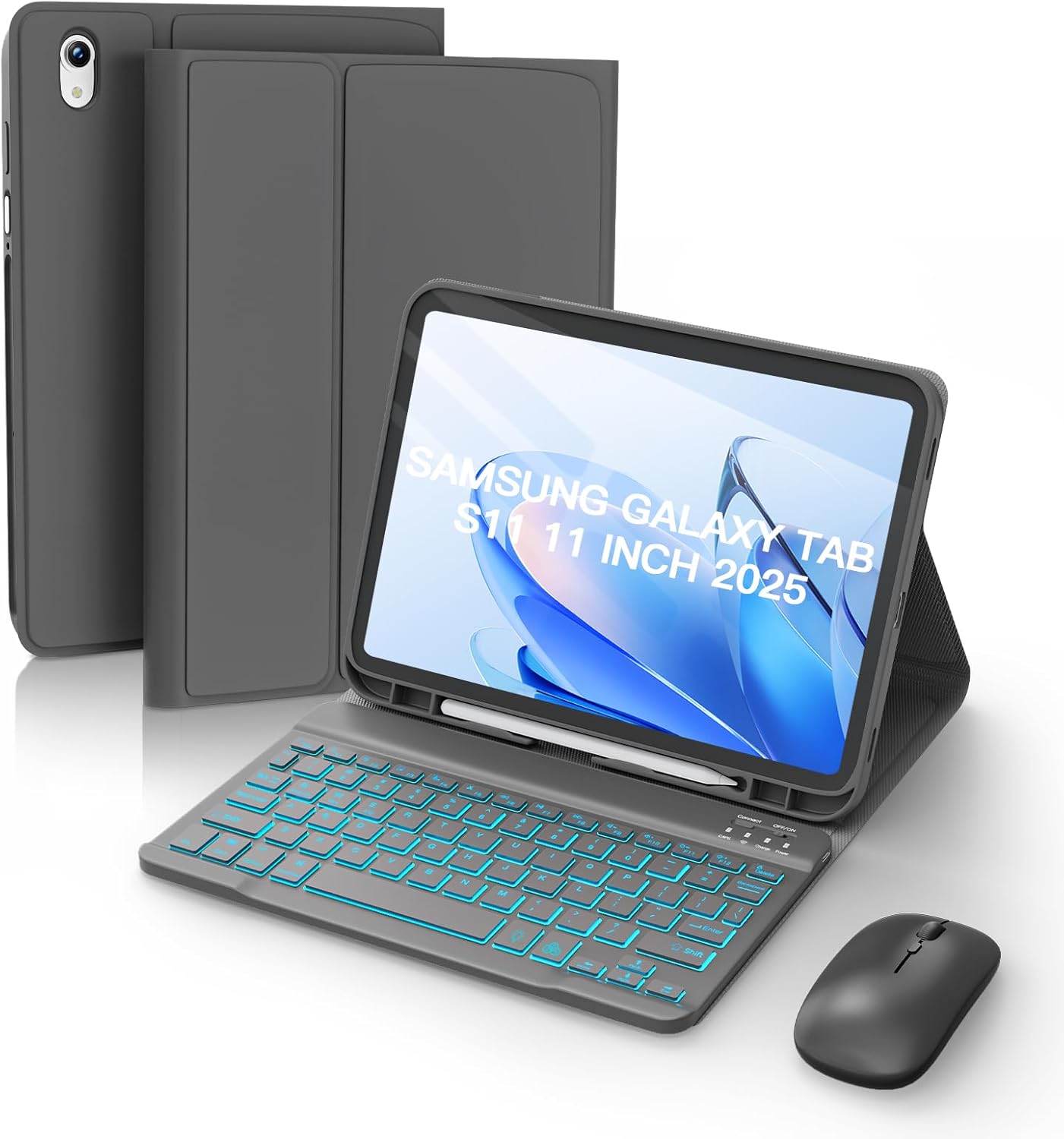 RAYMCRAFT Keyboard Case for Samsung Galaxy Tab S11 11-inch 2025 (SM-X730/SM-X736B), Mouse and Detachable Wireless Keyboard, 7-Color Backlight, Slim Case with Pencil Holder, Grey