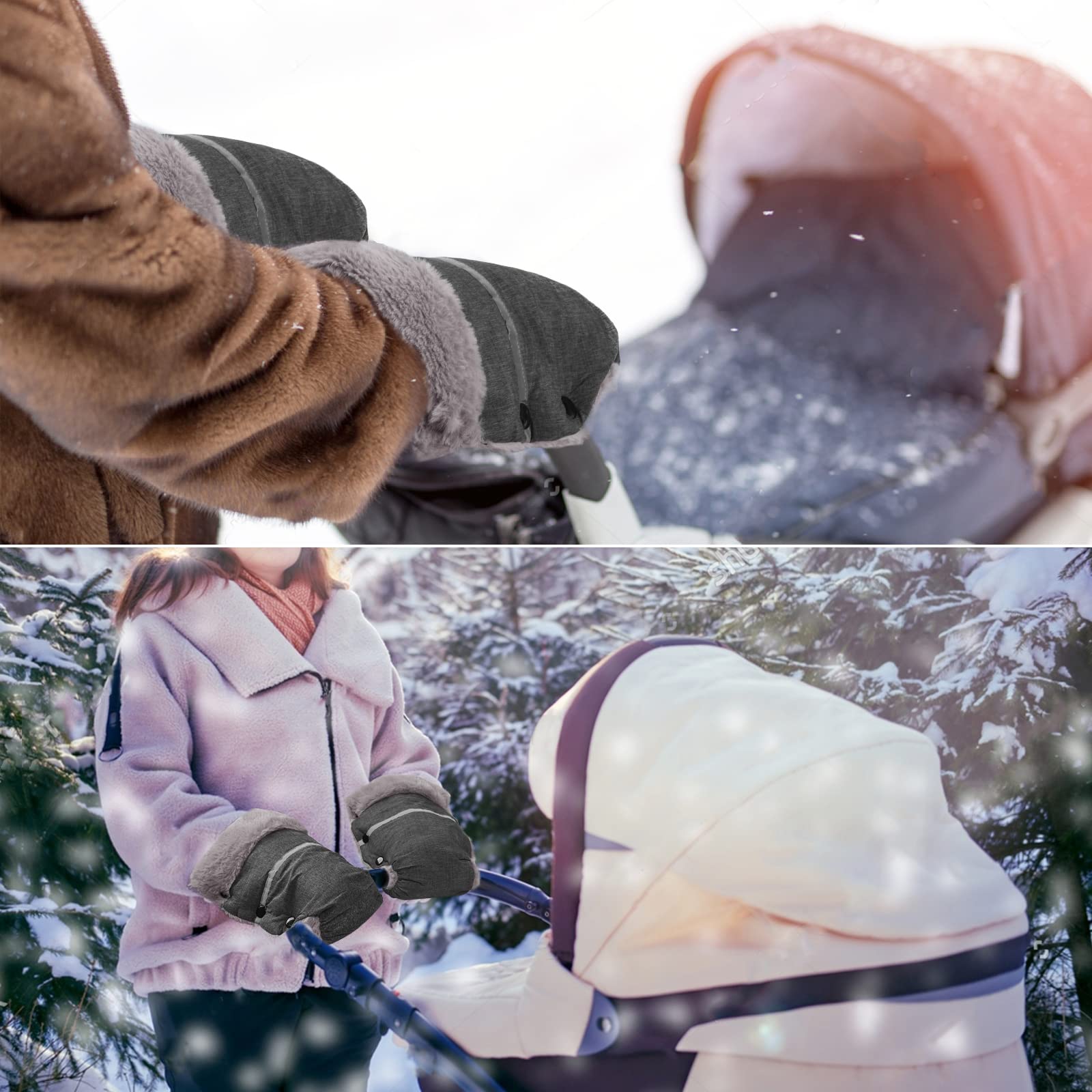 WD&CD Handmuff, uniwersalne rękawice buggy do wózka dziecięcego, wodoodporne i wiatroszczelne, z podszewką polarową, do wózka dziecięcego z ochraniaczem, szary