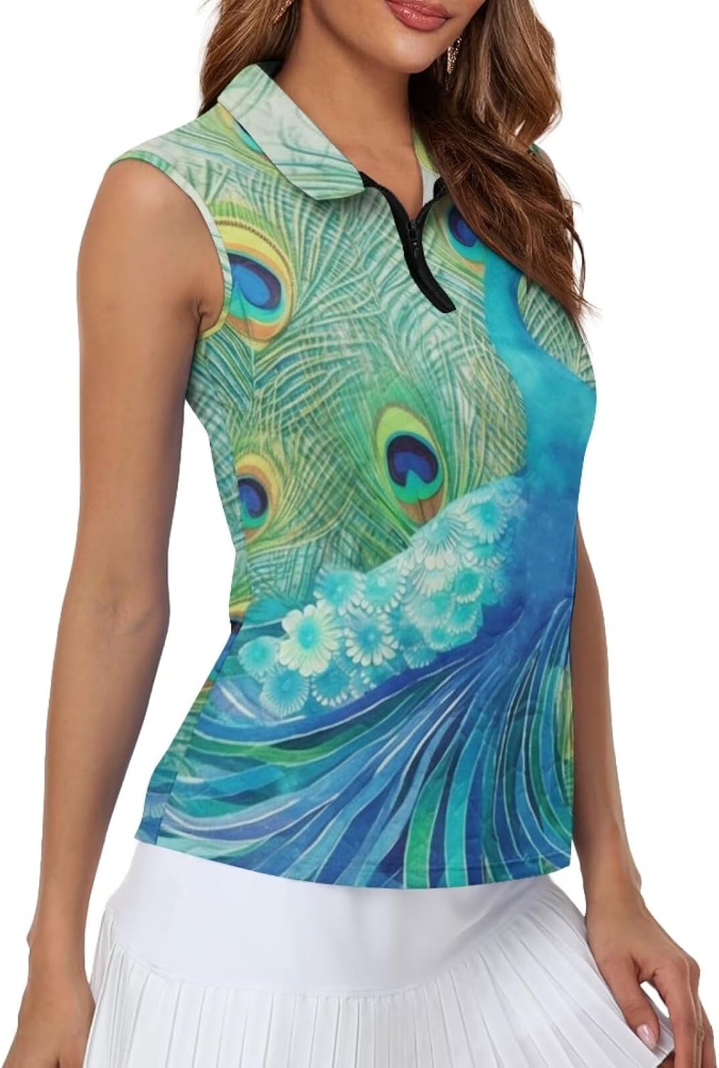 Irisjudy Women Sleeveless Golf Polo Shirts Pink Sea Turtle Quick Dry V Neck Tennis Tops Retro Flower Bird Zip Workout Shirts