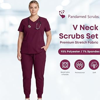 Womens' Scrubs Set, Women Stretch V Neck Top & Jogger Scrub Pants