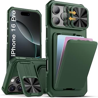 SSLOTSCASE for iPhone 16 Pro Case with Card Holder, Hidden Kickstand, Green
