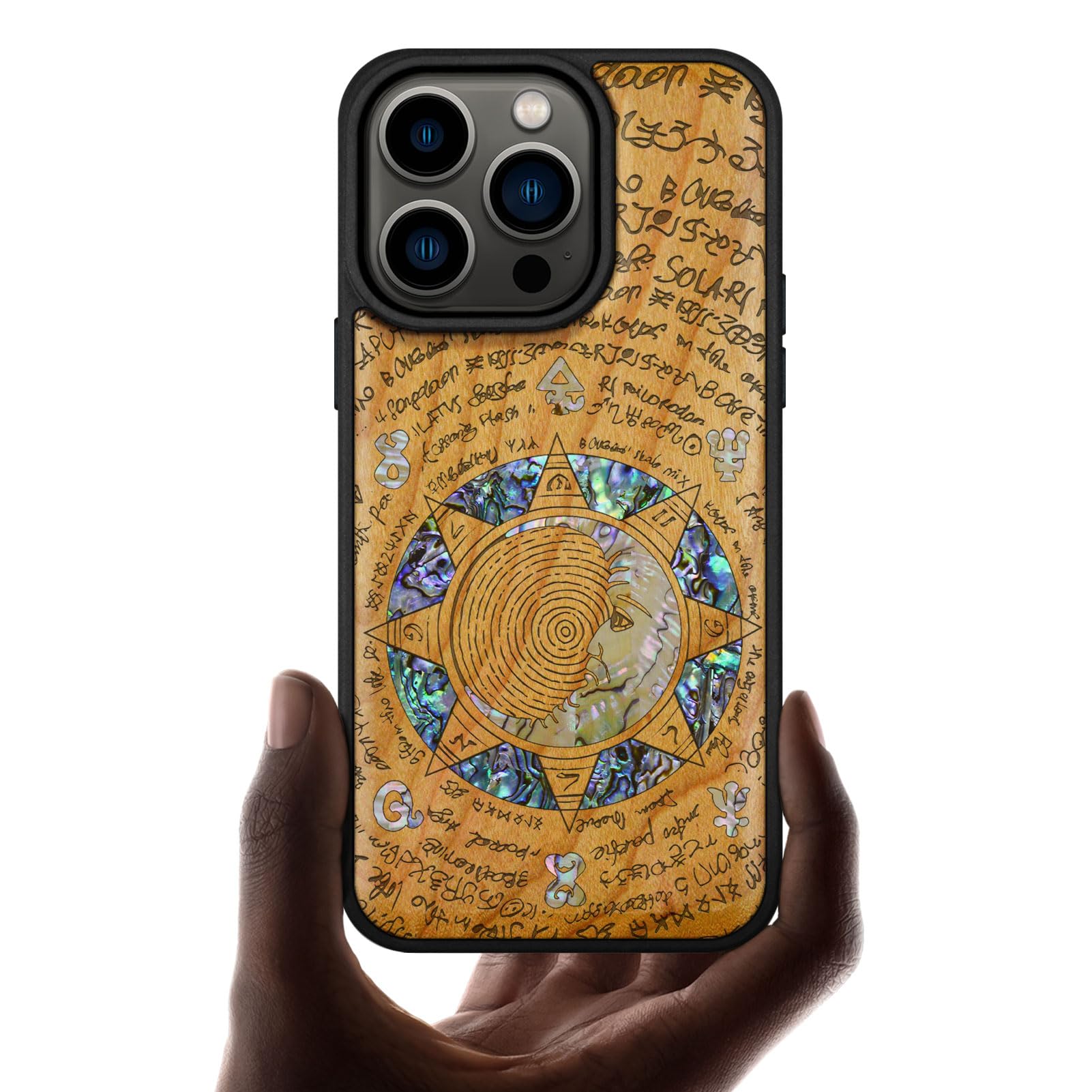 Carveit Magnetyczne etui do iPhone 14 Pro [drewniany grawerunek i wkładka muszlay] etui na telefon komórkowy kompatybilne z Apple 14 Pro, drewniane (zagadka z drewna wiśniowego – zagadka manuskryptowa