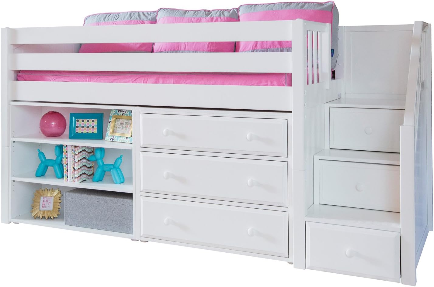 Maxtrix Solid Hardwood Twin-Size Low Loft Bed with Storage Staircase Entry, Bookshelf and 3 Drawer Dresser, White