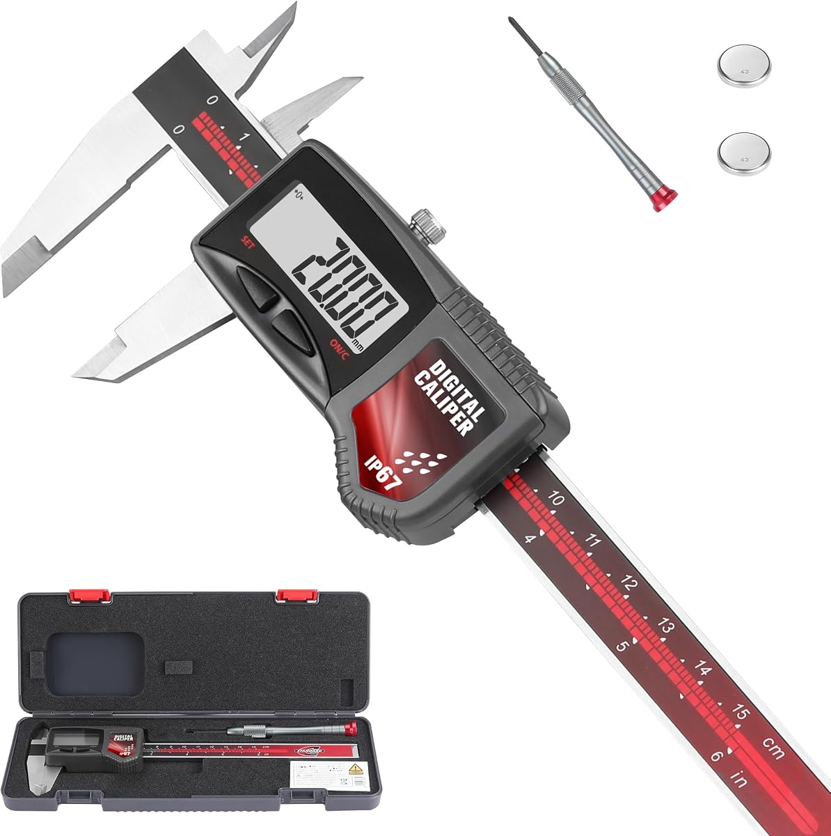 Calibrador digital IP67, herramienta de medición electrónica de rango de 0-6" | Precisión de ±0,001", calibrador de acero inoxidable, pantalla LCD grande, función de apagado automático