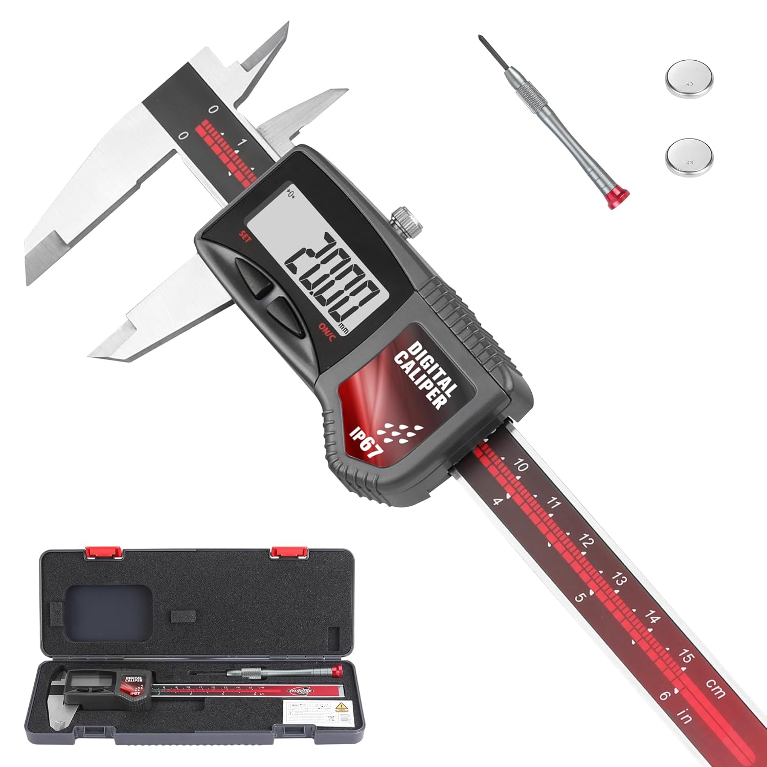 IP67 Digital Caliper Measuring Tool 0-6" Range, ±0.001" Accuracy Electric Micrometer Caliper with Large LCD Screen, Stainless Steel Electronic Digital Ruler with Auto-Off Feature