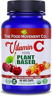 THE FOOD MOVEMENT CO. 100% Plant-Based Vitamin C 60 Capsules 125mg - Adults Immune System Antioxidant Support Dietary Supplement - Whole Food Vegan Supplements from Organic Non-GMO Gluten-Free Fruits