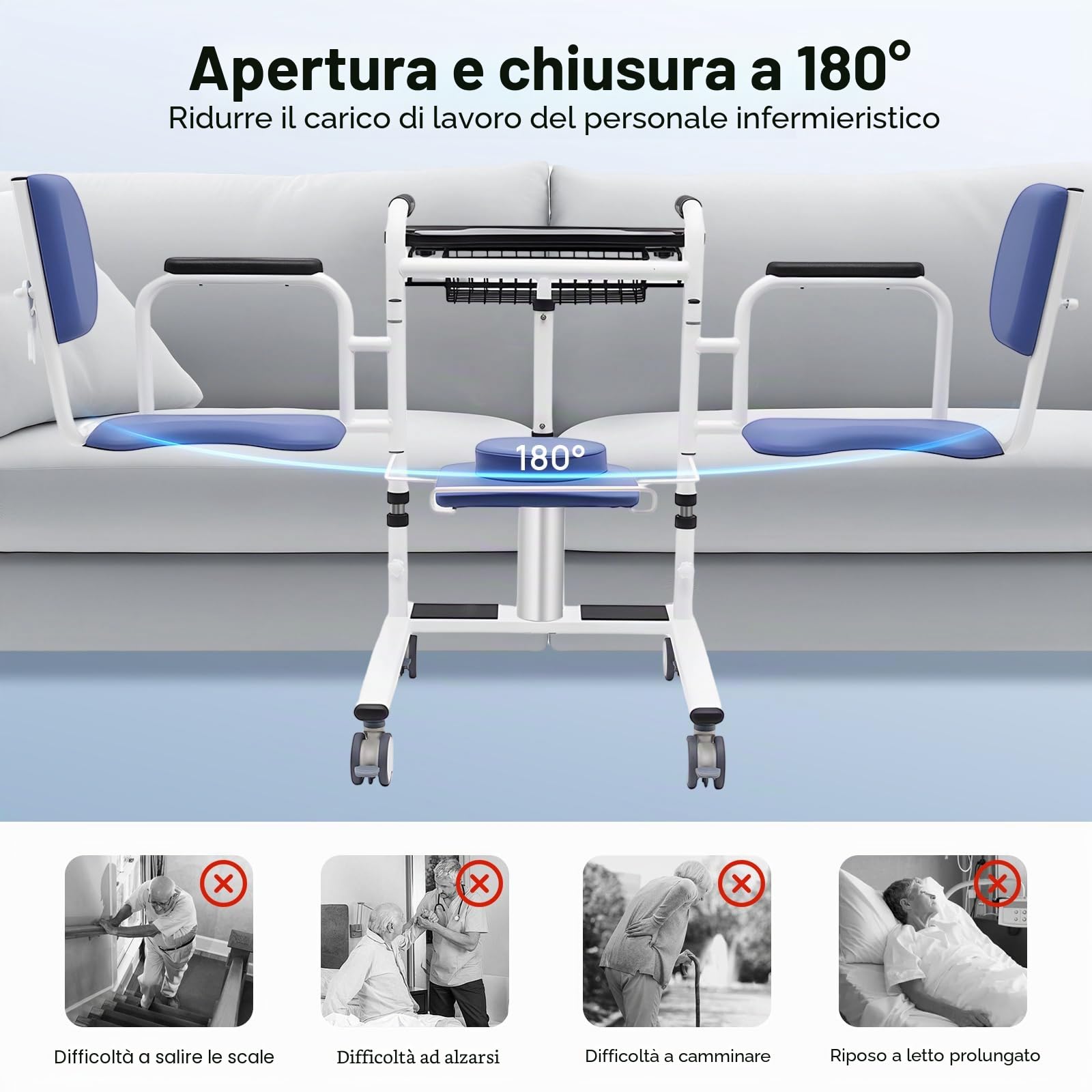 Sollevatore idraulico per pazienti, sedile split a 180° | sedia WC regolabile in altezza, capacità di carico 150 kg, sedia di trasferimento per anziani, disabili, cura domestica
